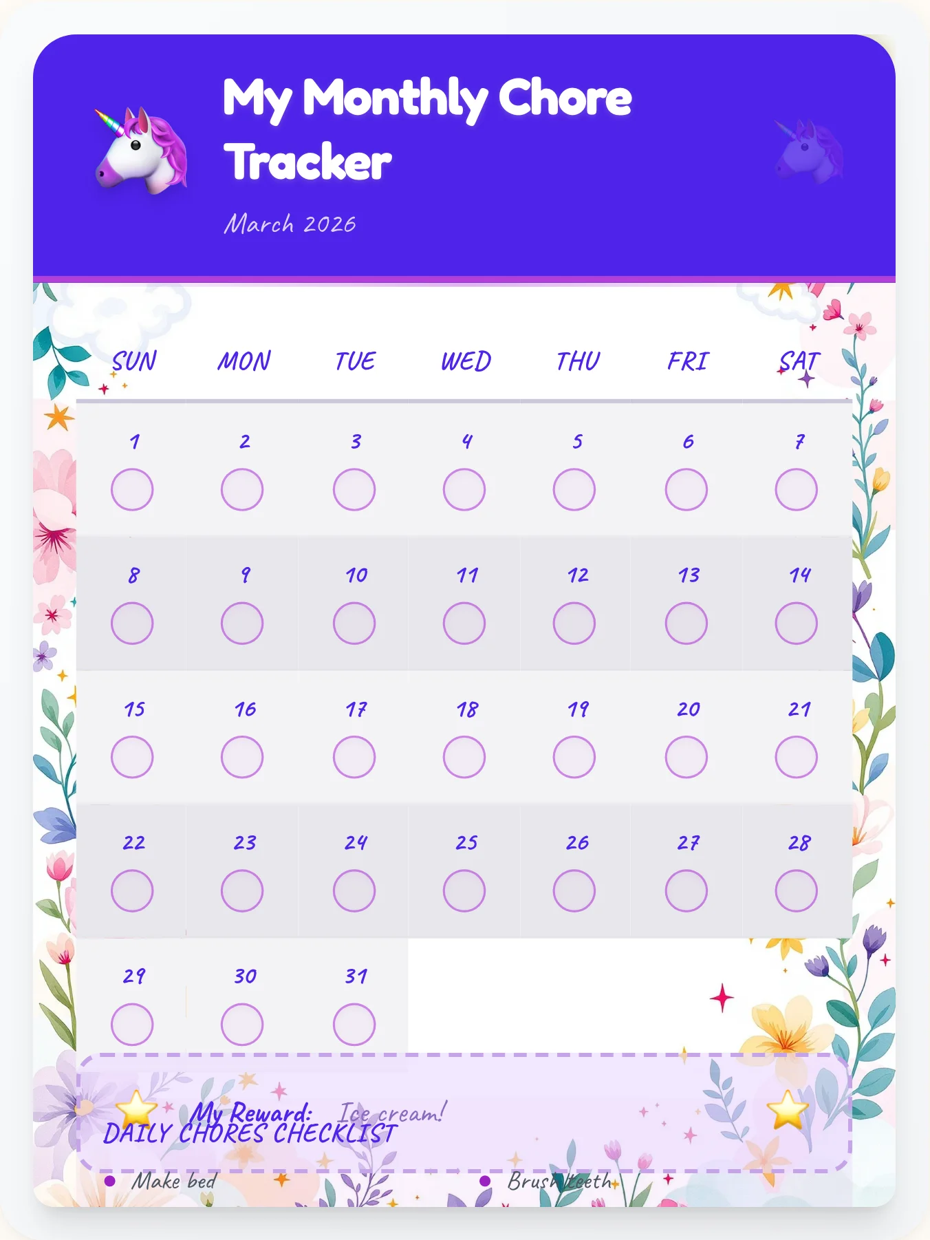 Peaceful Unicorn Monthly Planner - printable unicorn chore chart
