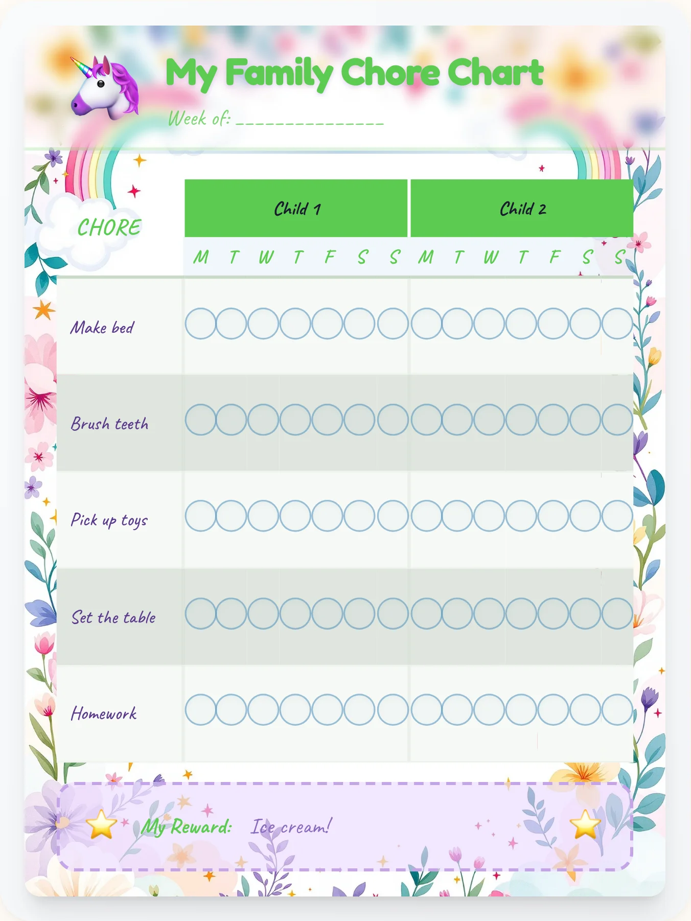 Tender Unicorn Family Chart - printable unicorn chore chart