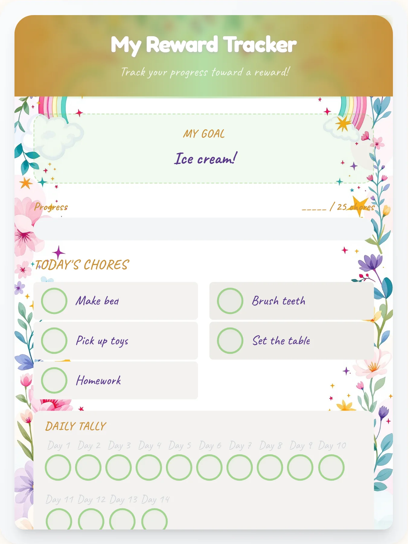 Golden Unicorn Prize Chart - printable unicorn chore chart