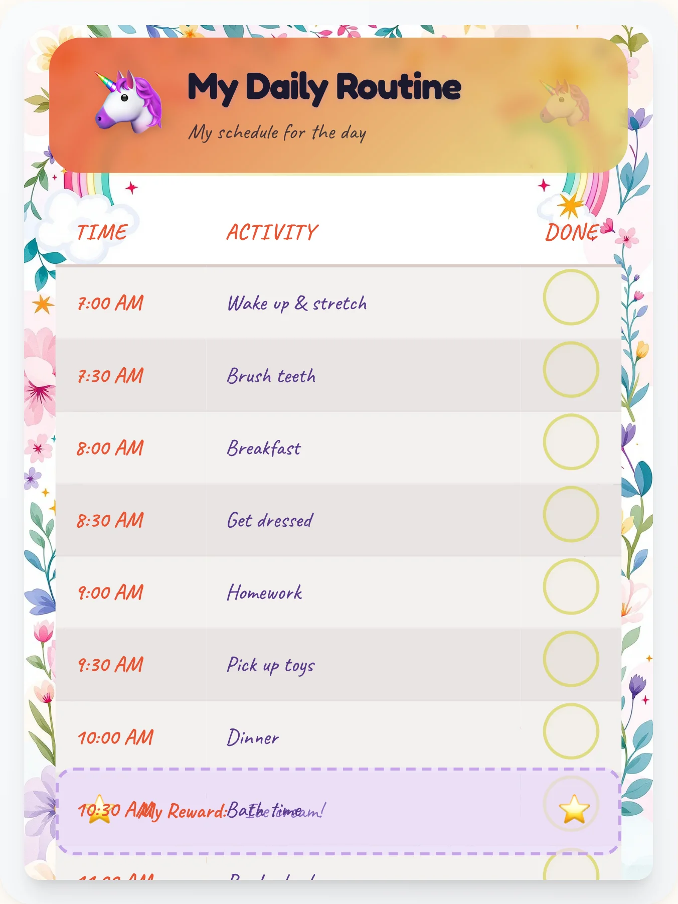Cozy Unicorn Routine Board - printable unicorn chore chart