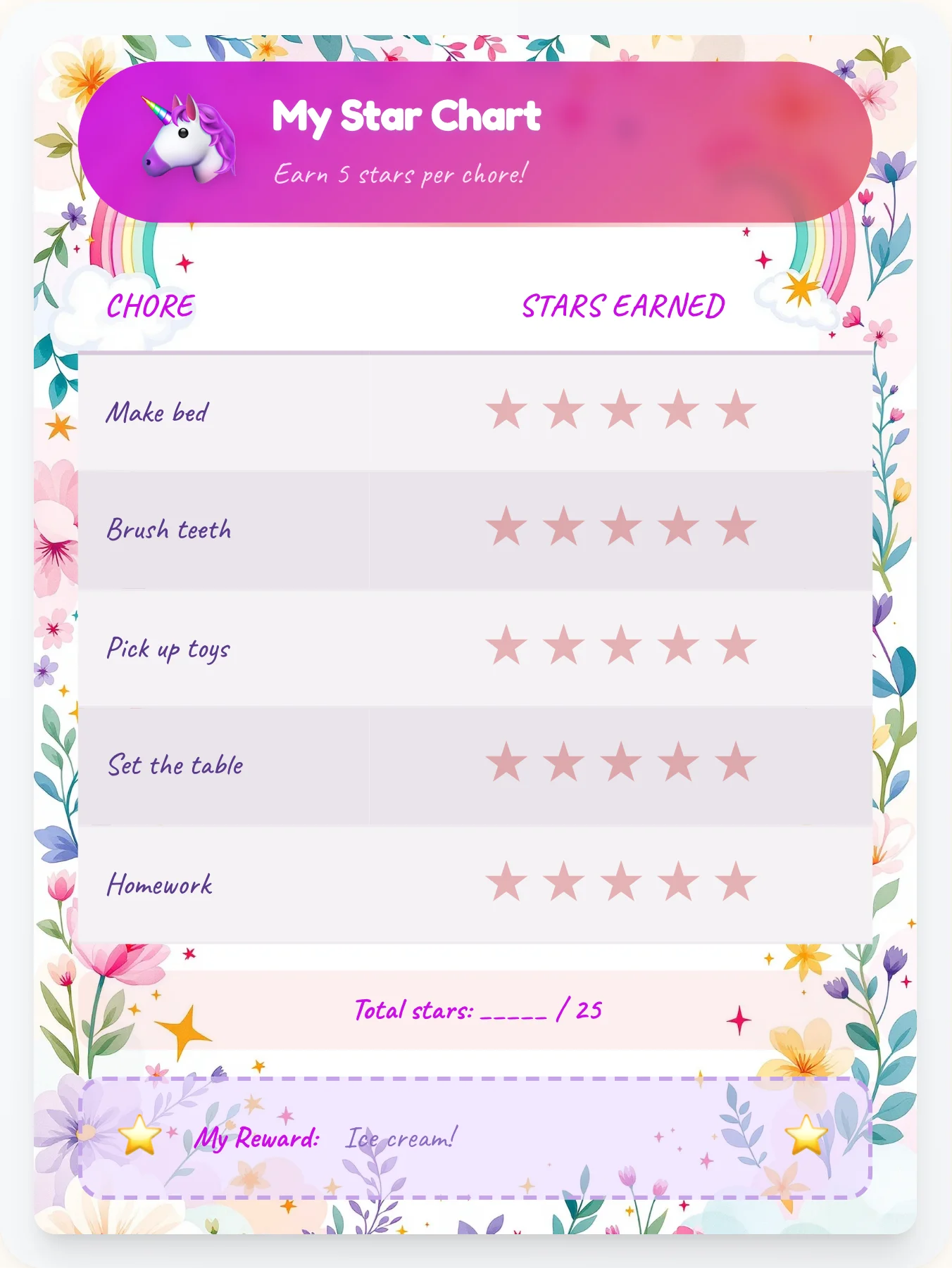 Vibrant Unicorn Star Board - printable unicorn chore chart