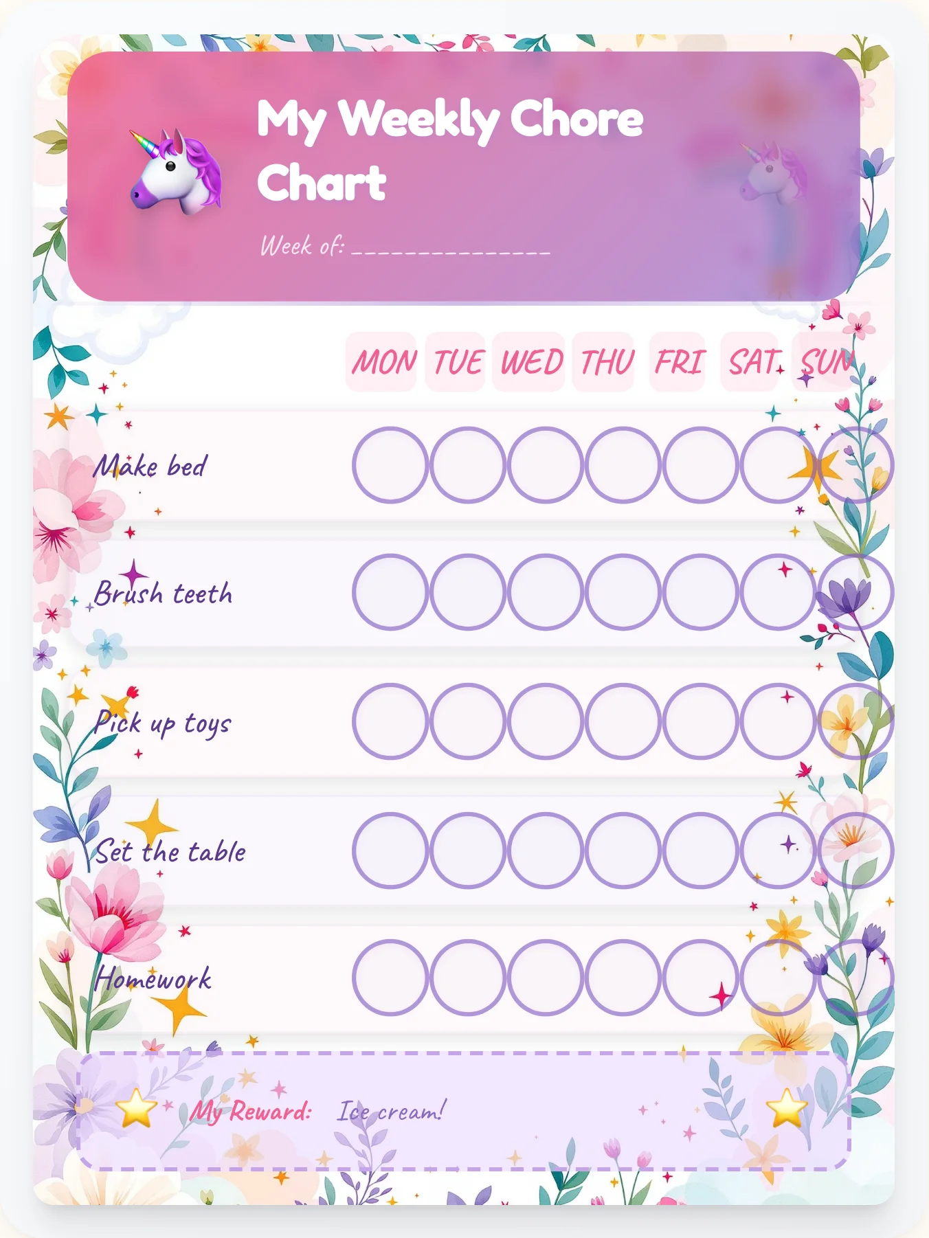 Rainbow Shimmer Chore Chart - printable unicorn chore chart