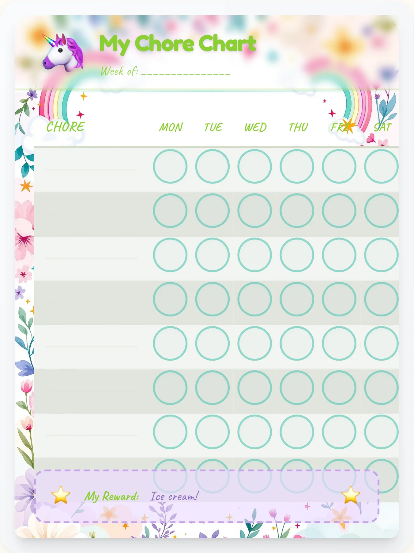 Playful Unicorn Open Template - printable unicorn chore chart