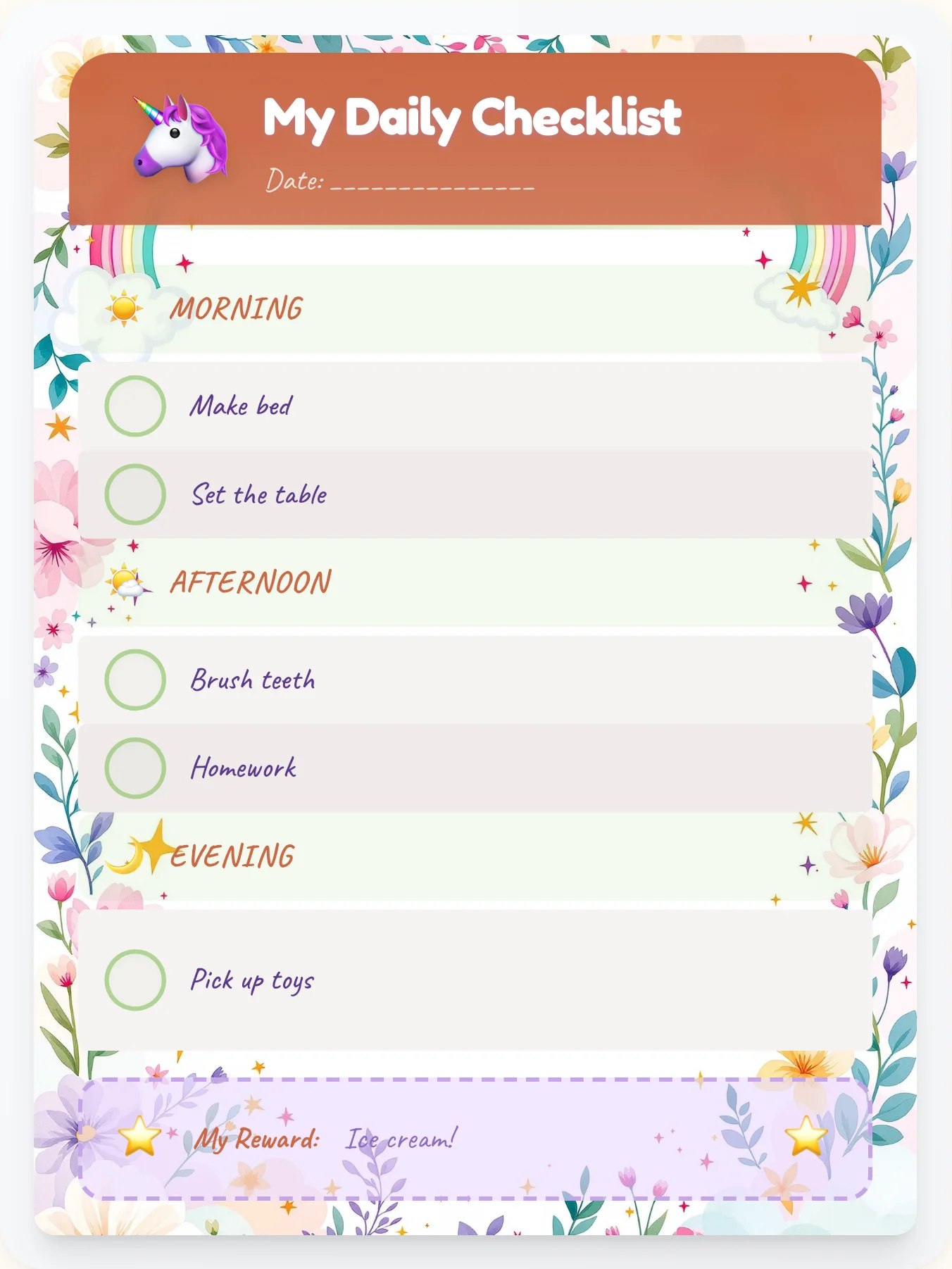 Dreamy Unicorn Daily Planner - printable unicorn chore chart