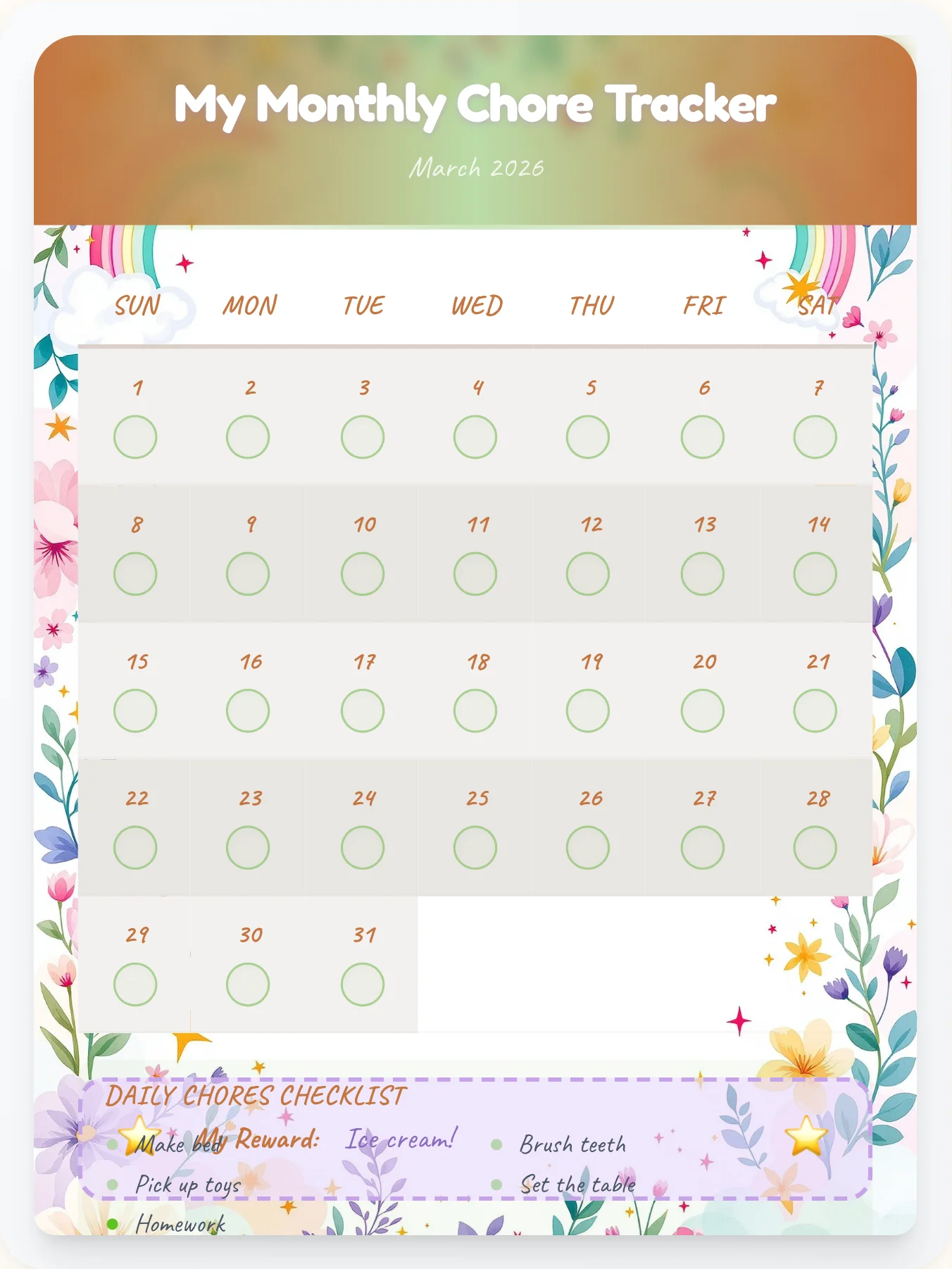 Fresh Unicorn Monthly Planner - printable unicorn chore chart