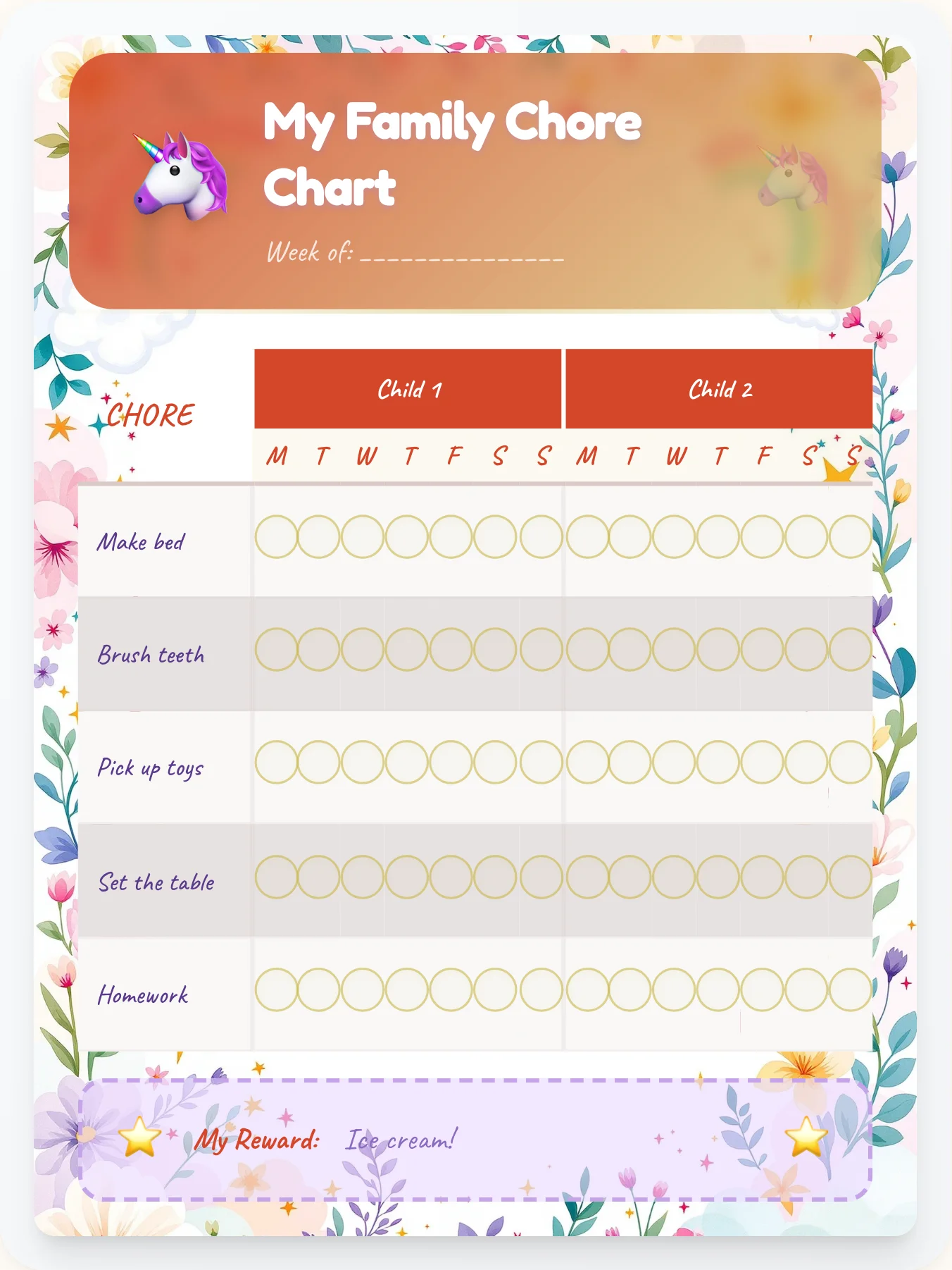 Cozy Unicorn Team Chart - printable unicorn chore chart