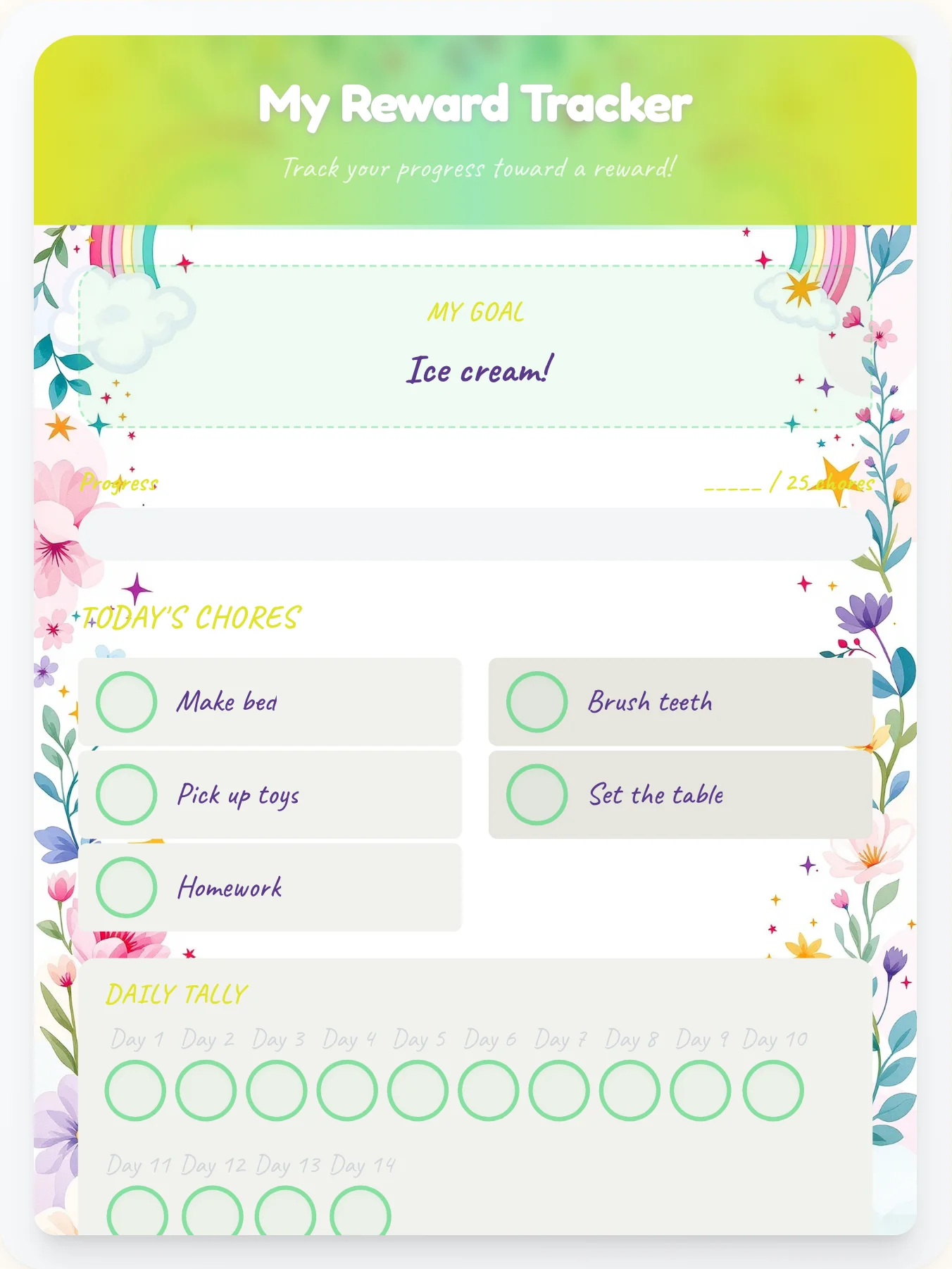 Lively Unicorn Goal Chart - printable unicorn chore chart