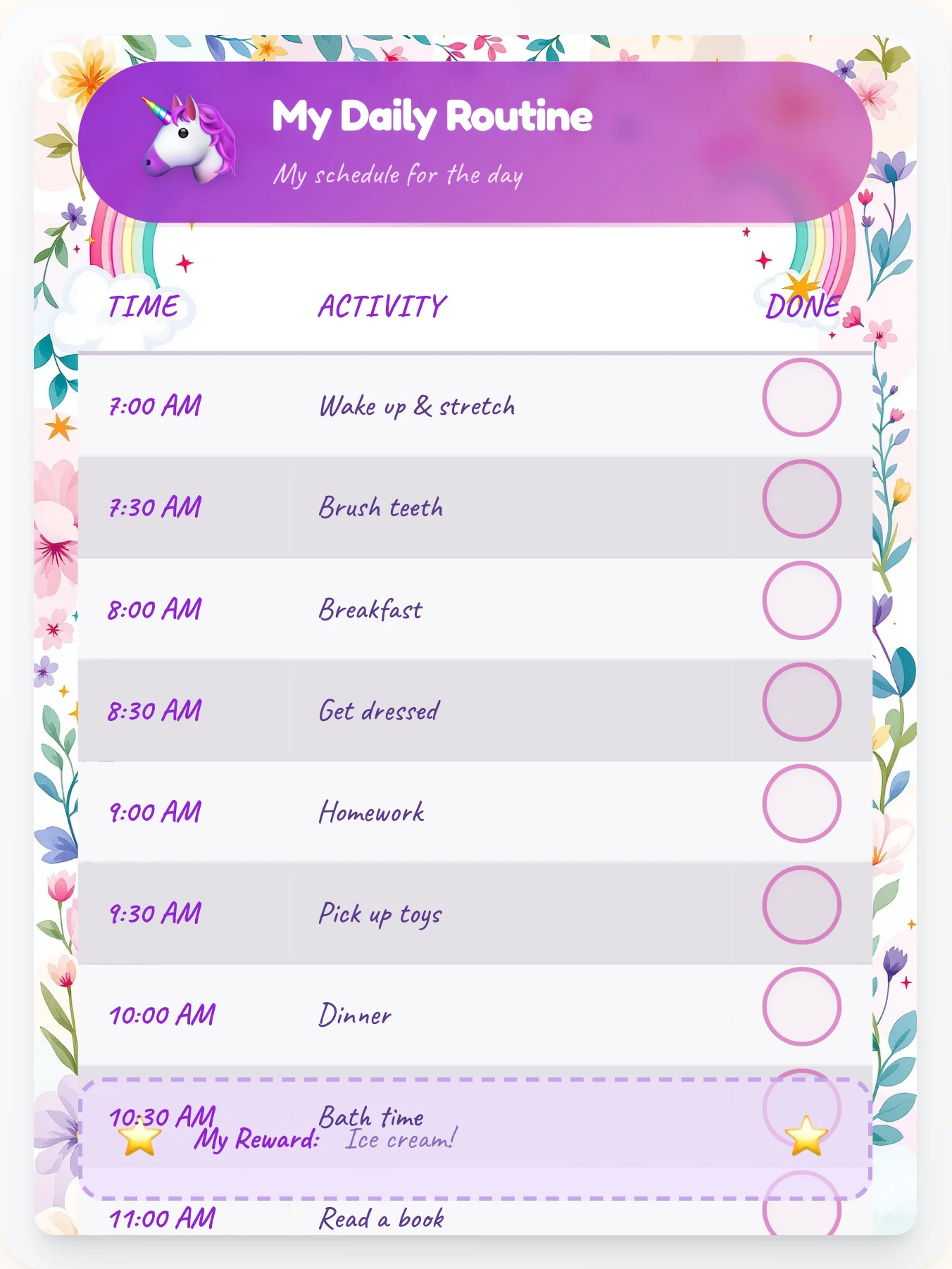 Tranquil Unicorn Time Planner — Free Printable Routine Schedule Template - printable unicorn chore chart