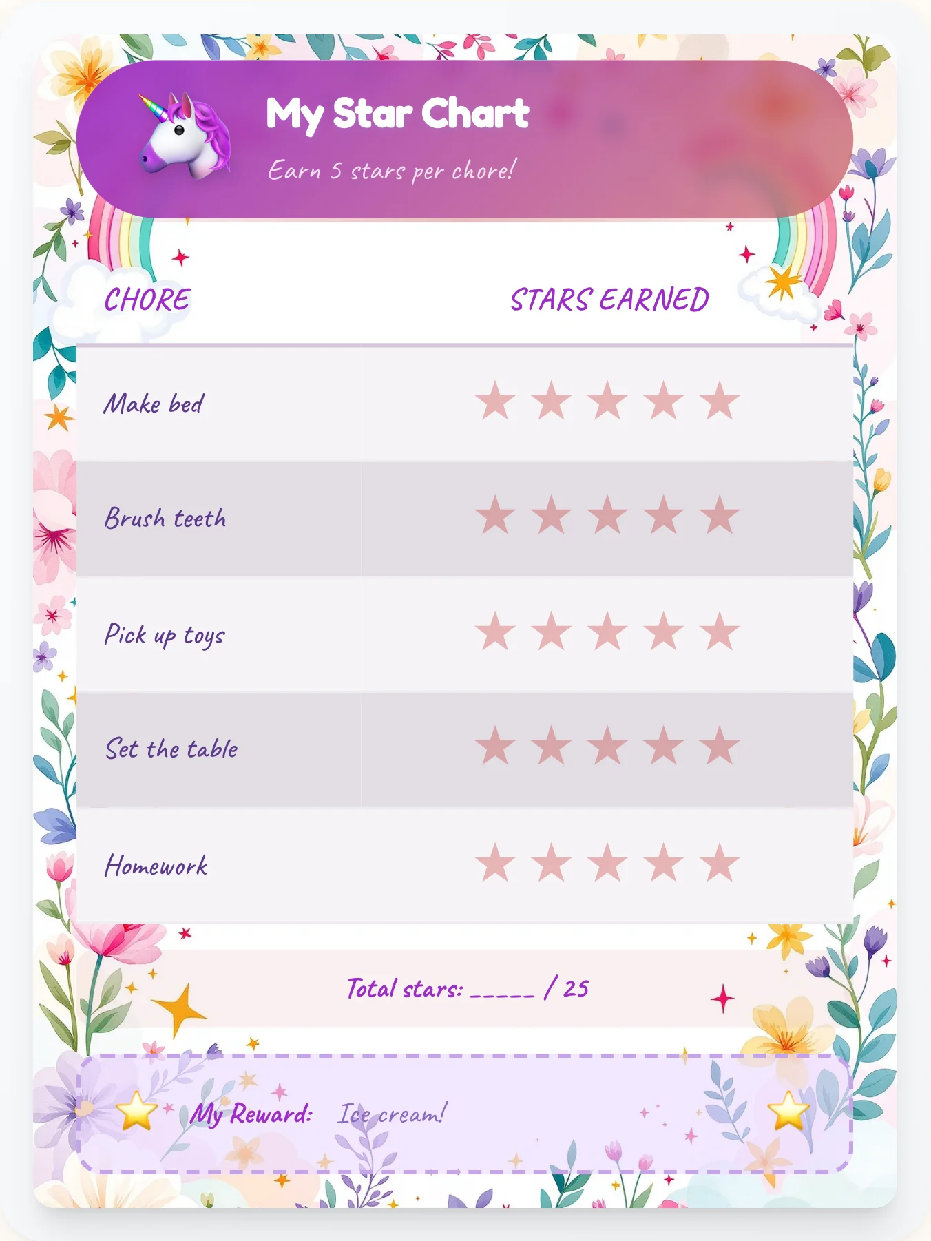 Urban Unicorn Star Board - printable unicorn chore chart