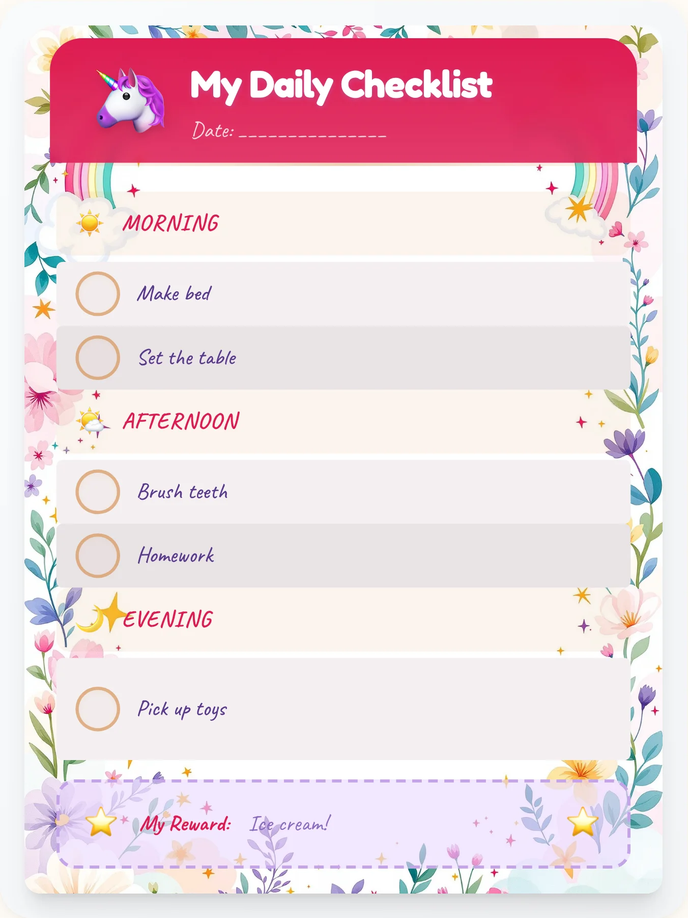 Electric Unicorn Checklist - printable unicorn chore chart