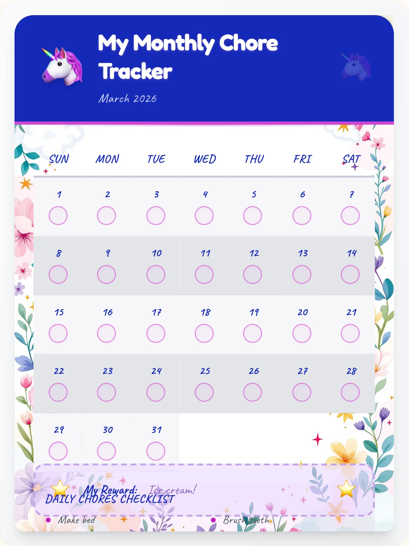 Natural Unicorn Calendar Chart - printable unicorn chore chart