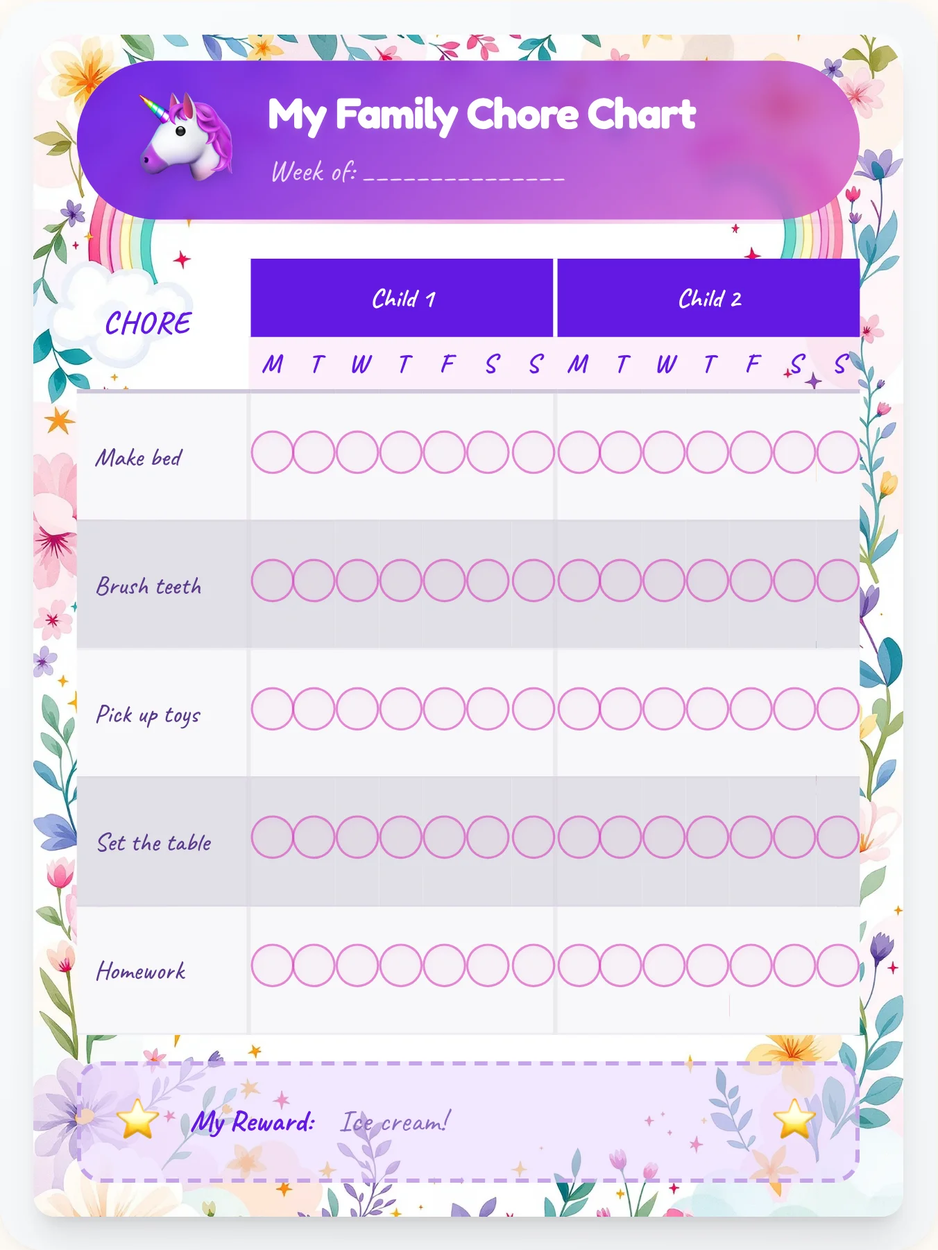 Royal Unicorn Team Chart - printable unicorn chore chart