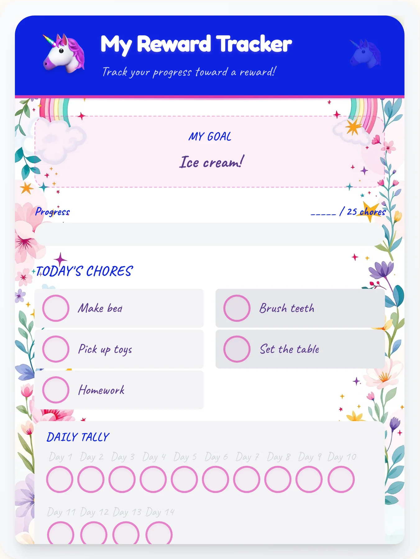 Natural Unicorn Points Tracker - printable unicorn chore chart
