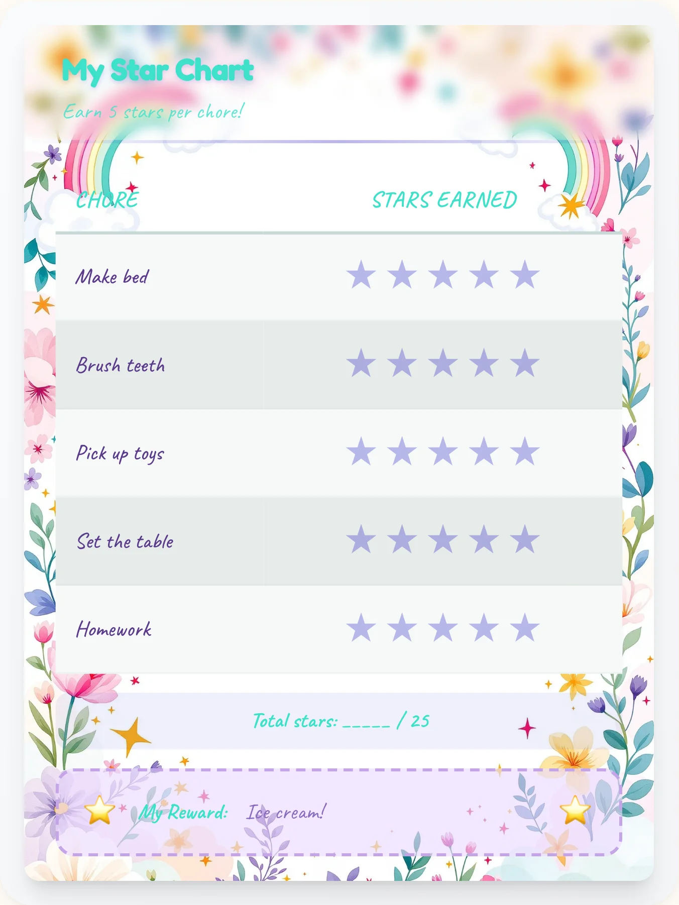 Funky Unicorn Star Rewards - printable unicorn chore chart