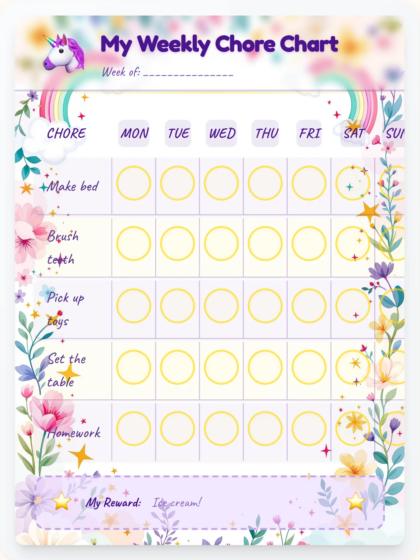 Enchanted Forest Chore Chart - printable unicorn chore chart