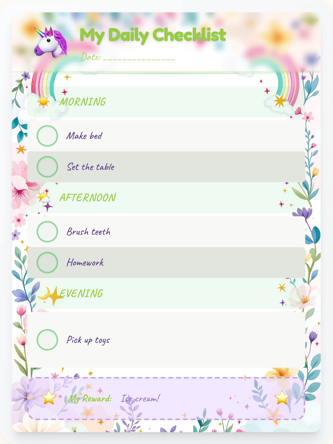 Playful Unicorn Daily Planner - printable unicorn chore chart