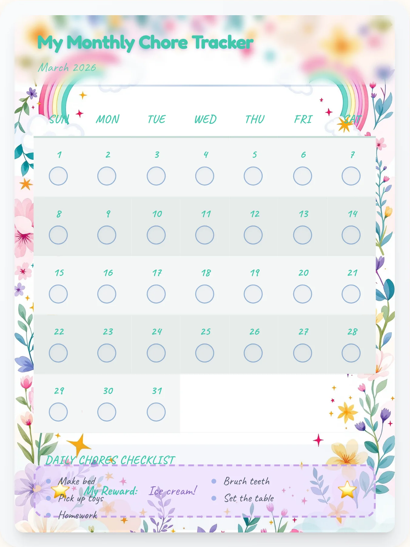 Funky Unicorn Monthly Planner - printable unicorn chore chart