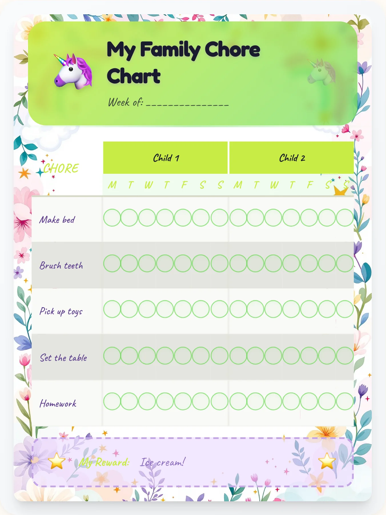 Noble Unicorn Family Chart - printable unicorn chore chart