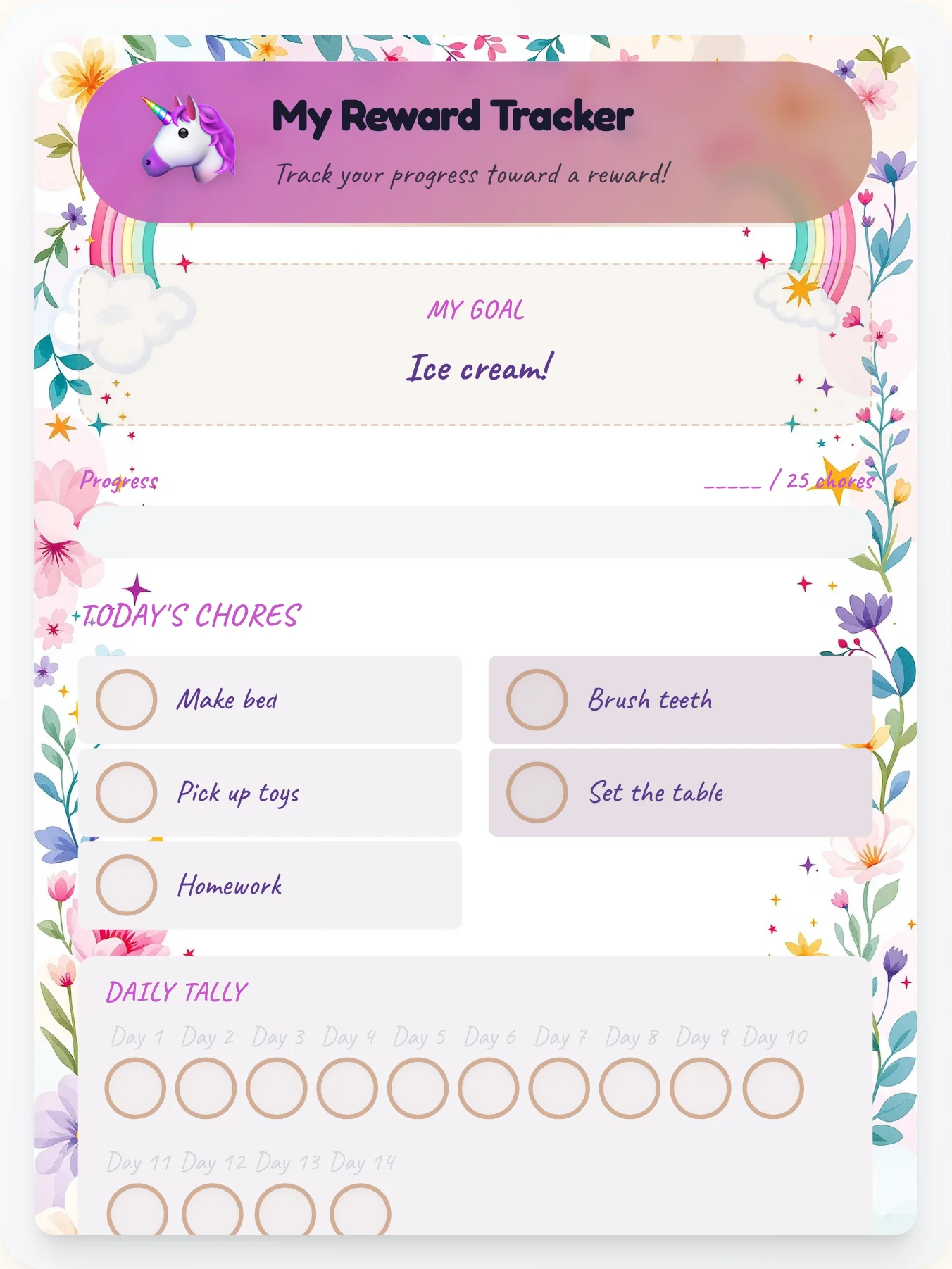 Whimsical Unicorn Reward Board - printable unicorn chore chart
