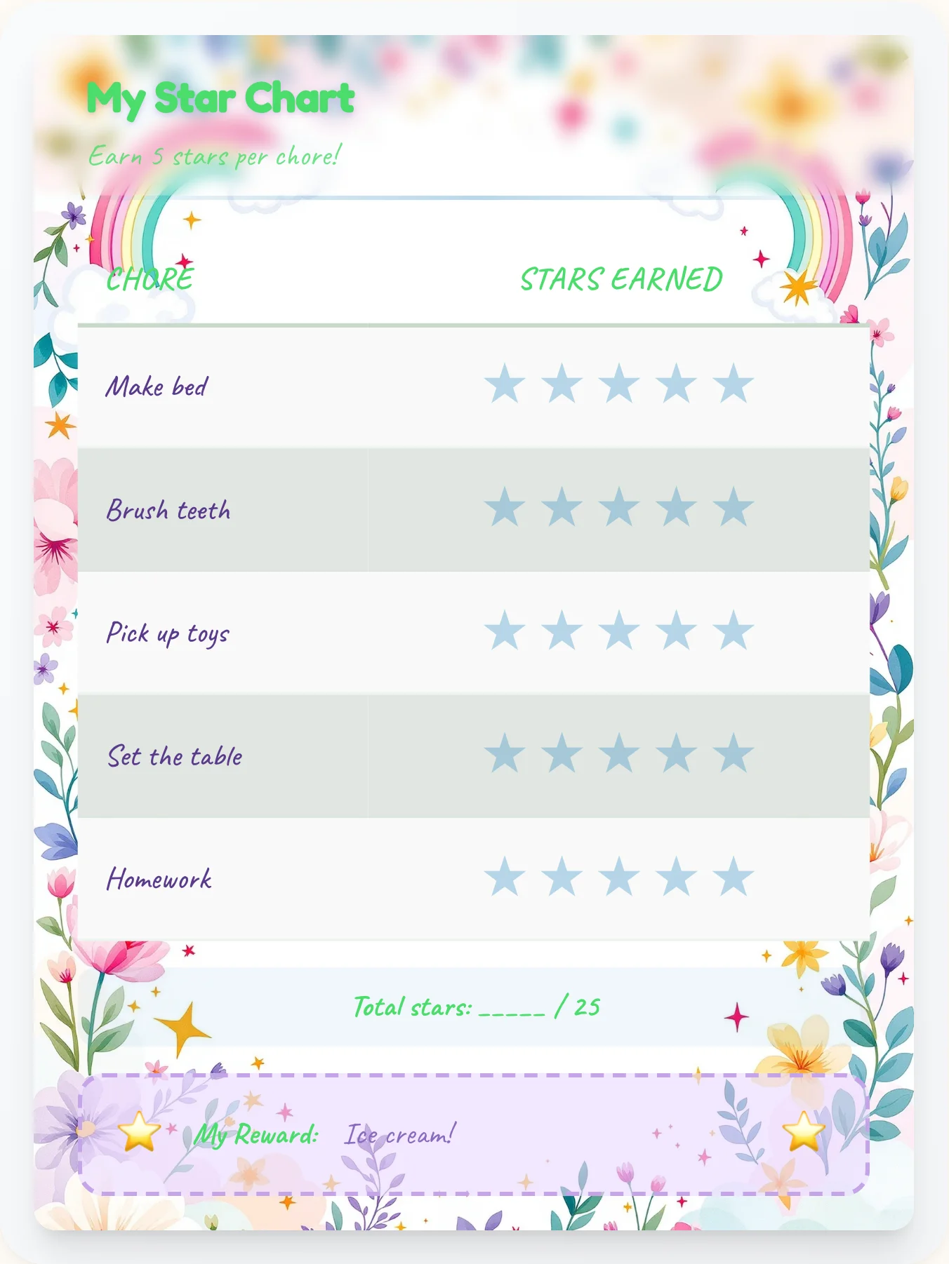 Warm Unicorn Gold Stars - printable unicorn chore chart