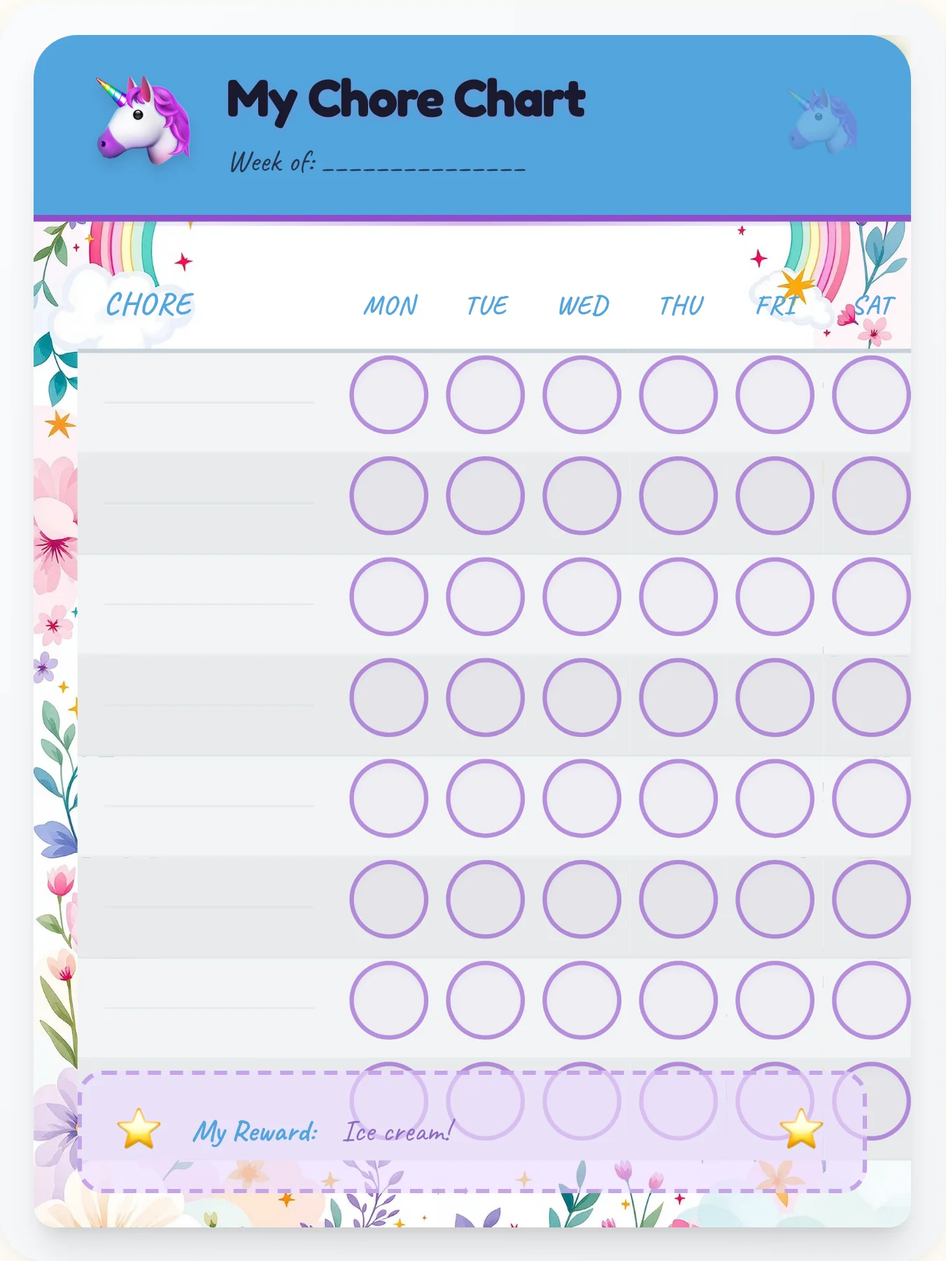 Joyful Unicorn Free Form - printable unicorn chore chart
