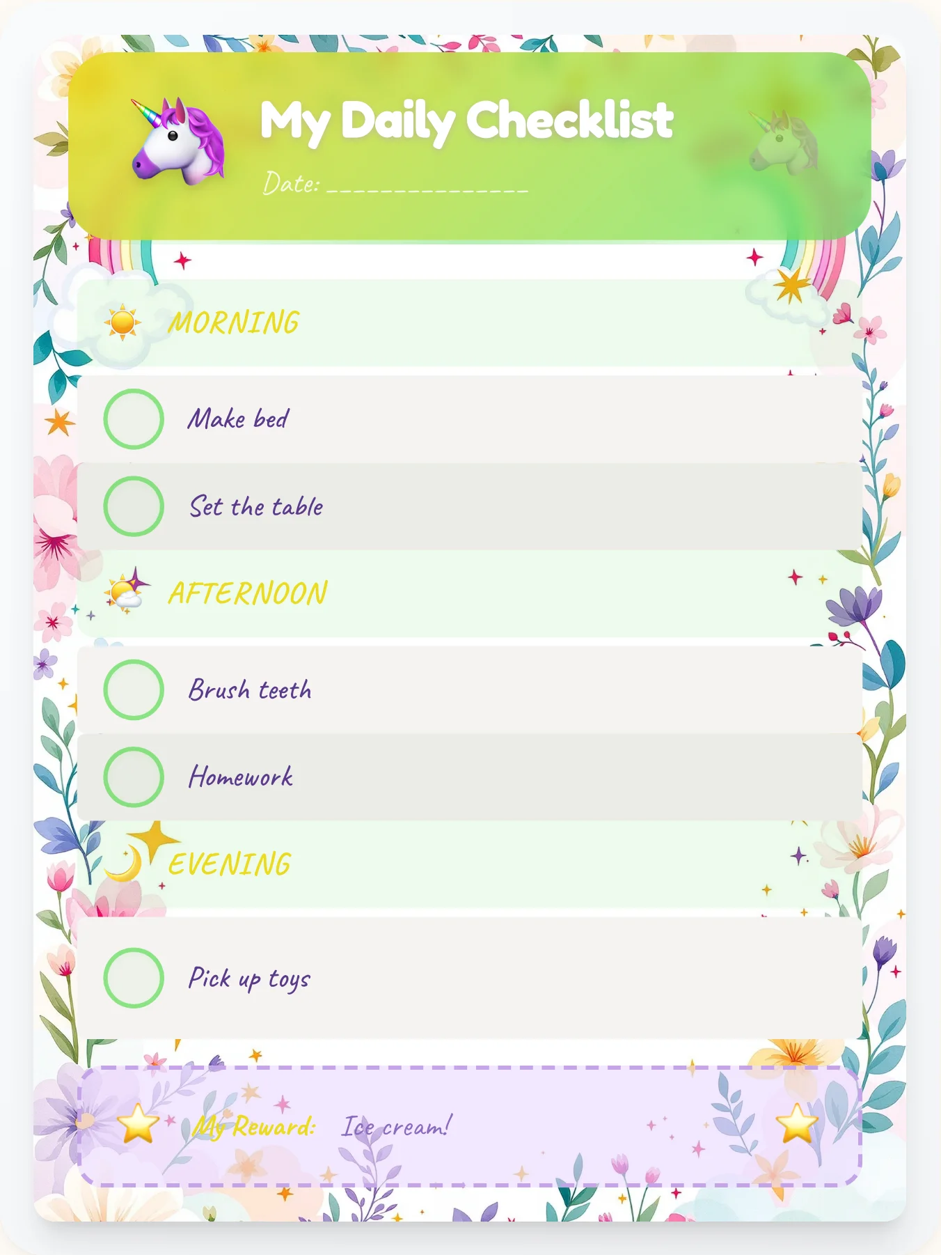 Jolly Unicorn Day Tracker - printable unicorn chore chart