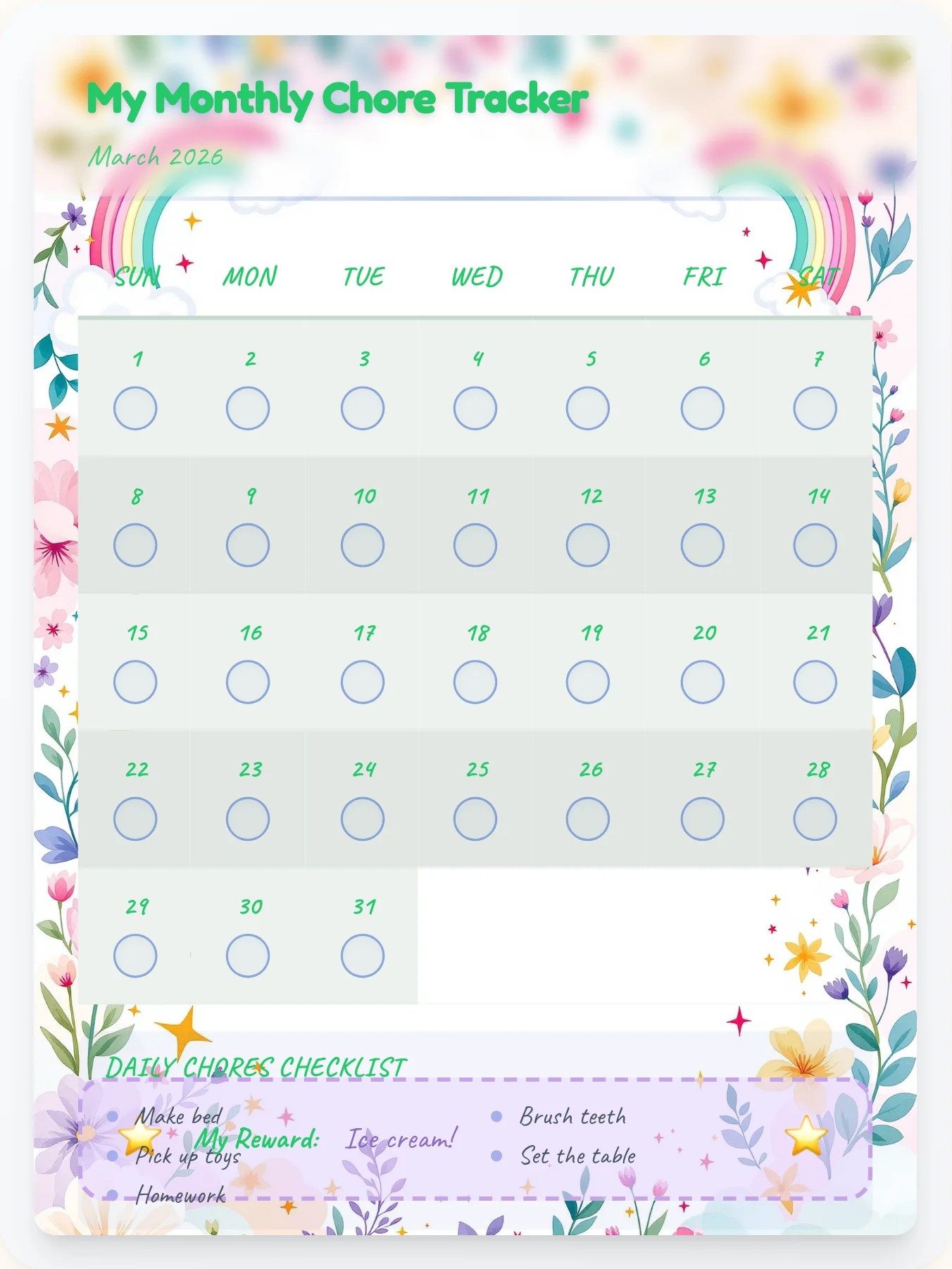 Cheerful Unicorn Monthly Grid - printable unicorn chore chart