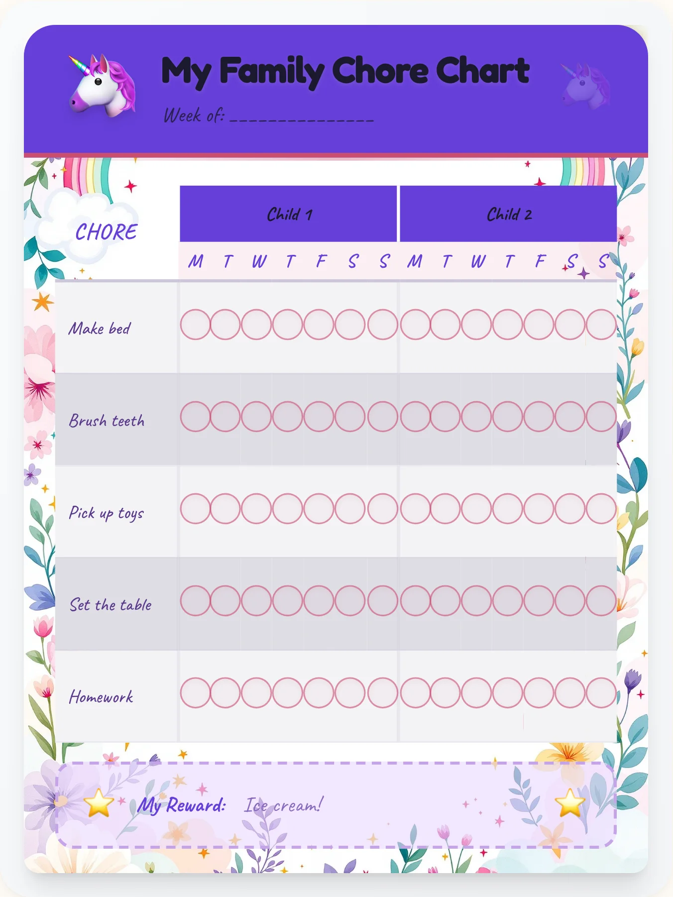 Peaceful Unicorn Team Chart - printable unicorn chore chart