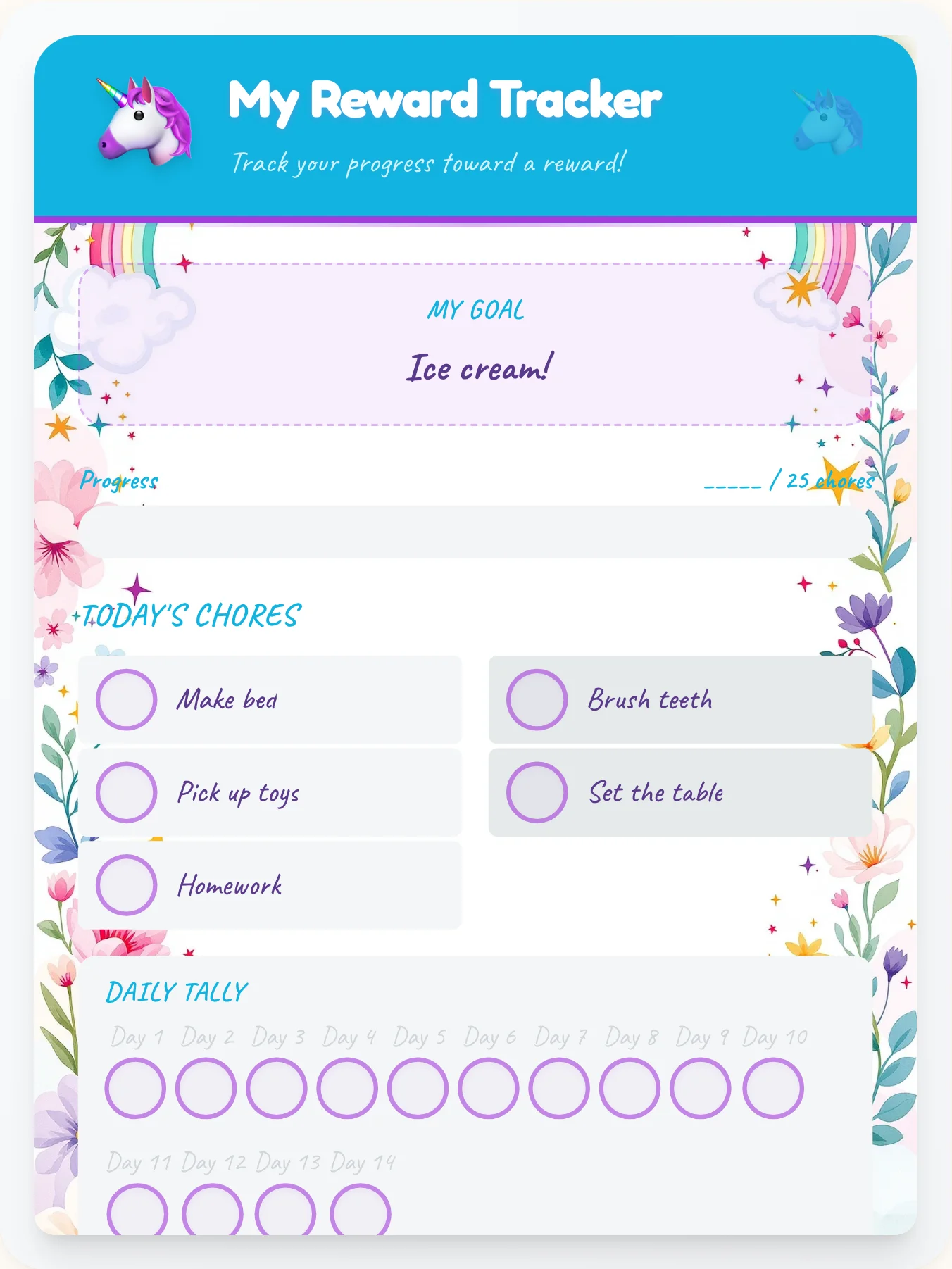 Inspiring Unicorn Points Tracker - printable unicorn chore chart