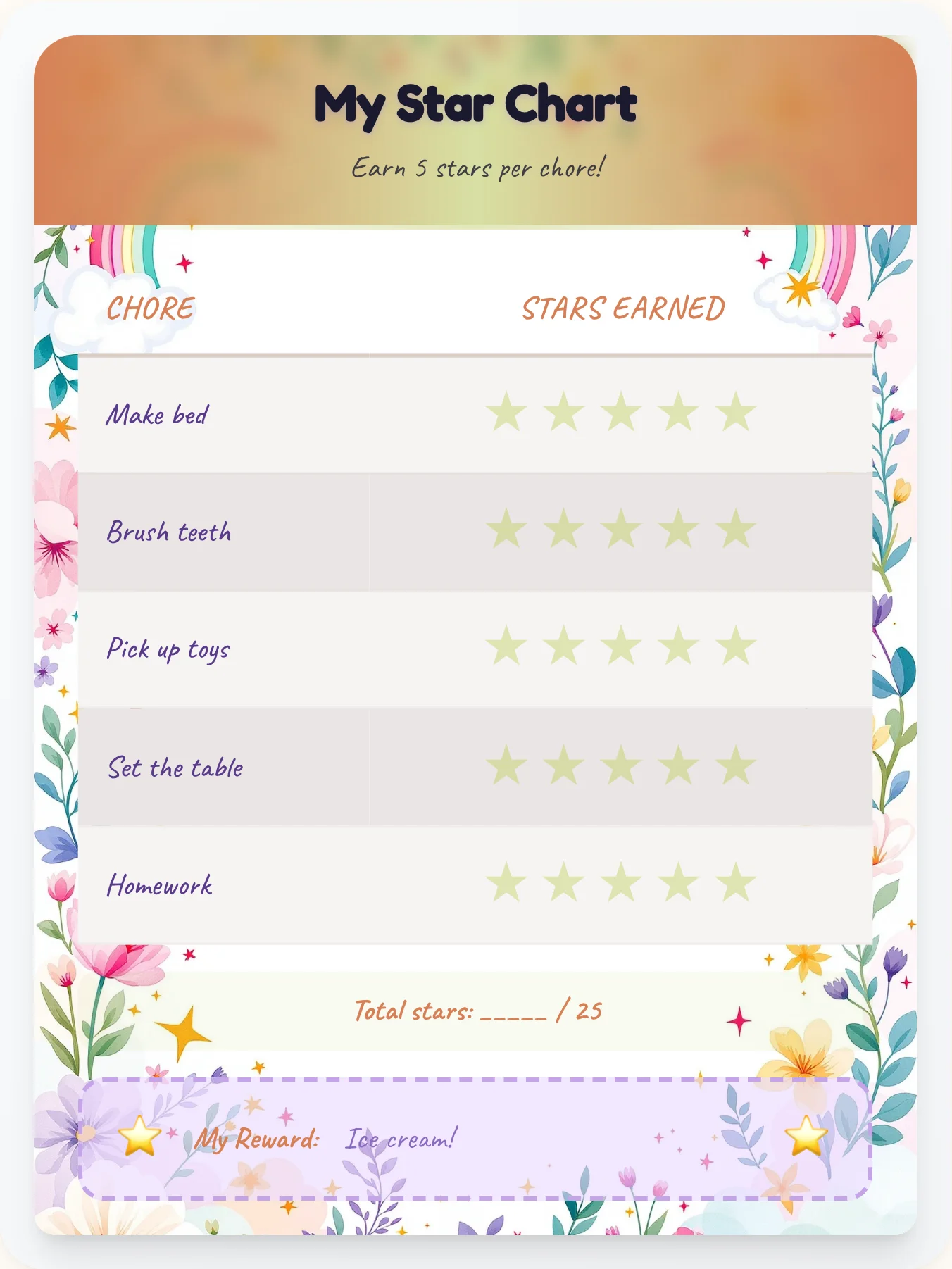 Dreamy Unicorn Star Board - printable unicorn chore chart