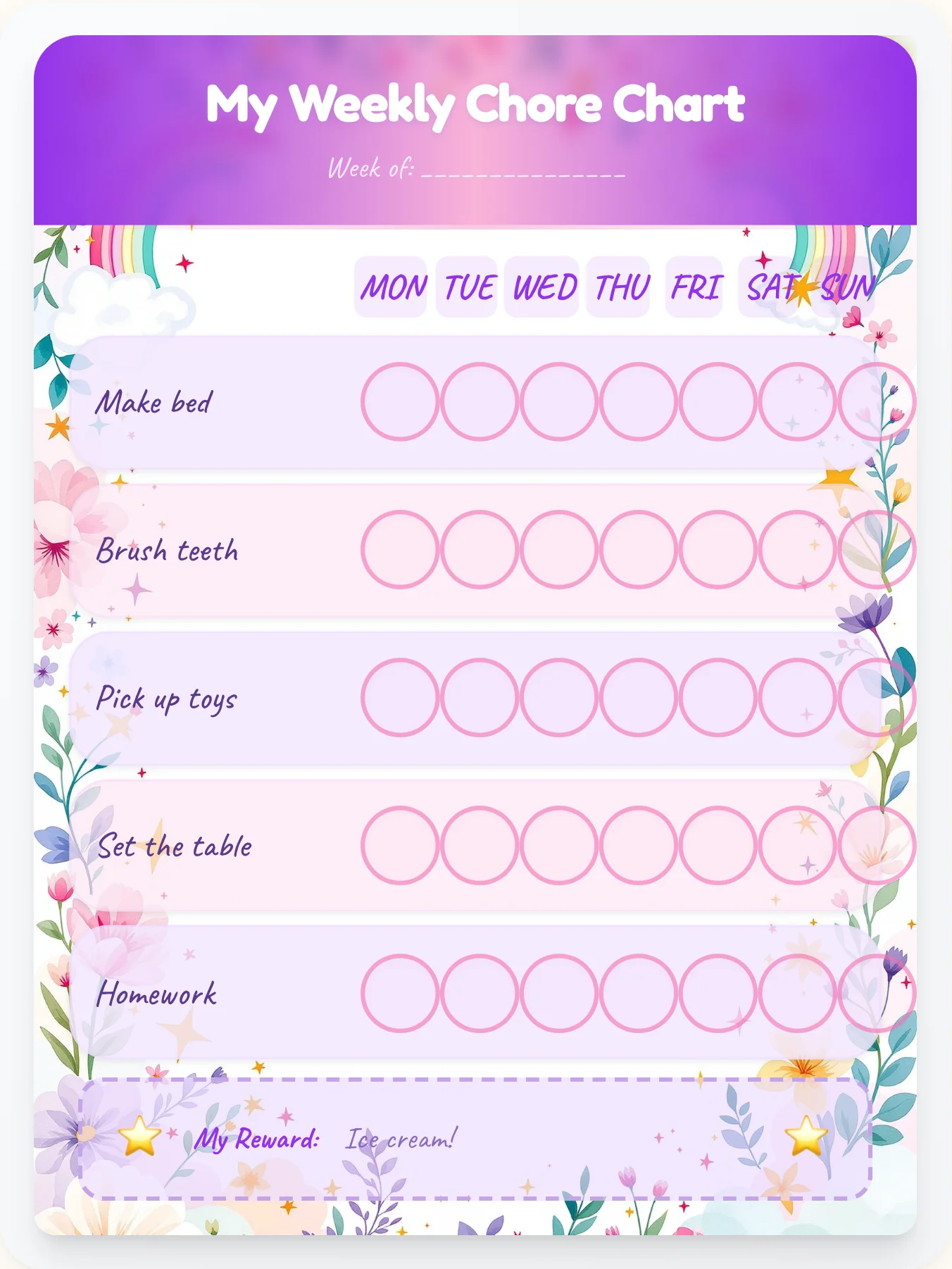 Unicorn Magic Watercolor Chore Chart - printable unicorn chore chart
