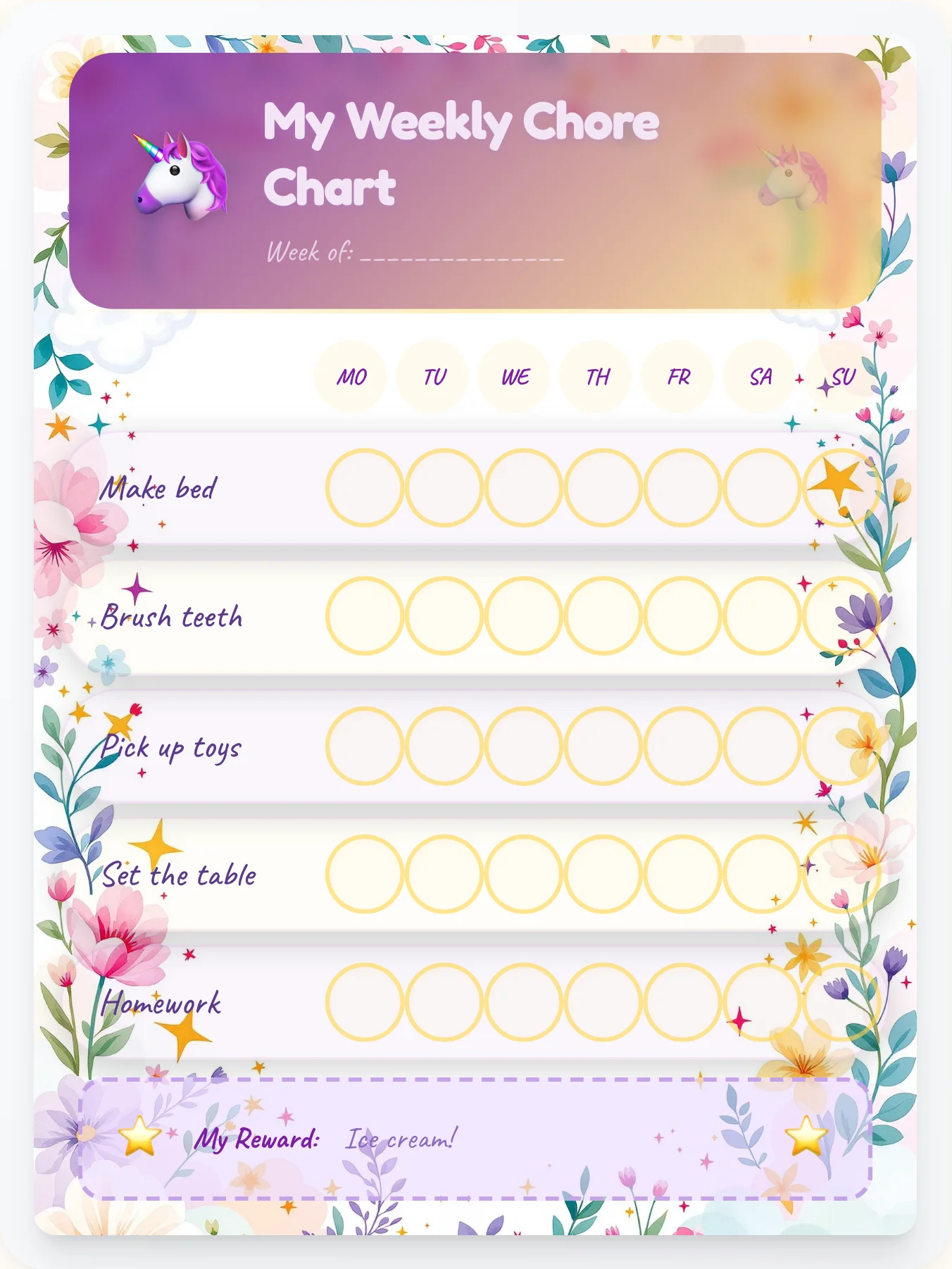 Dreamscape Chore Chart - printable unicorn chore chart