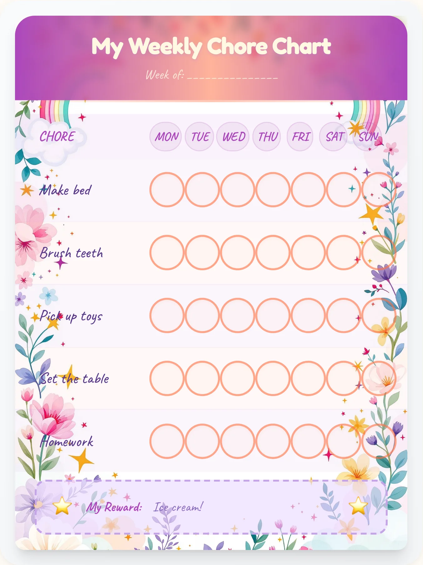 Retro Rainbow Chore Chart - printable unicorn chore chart