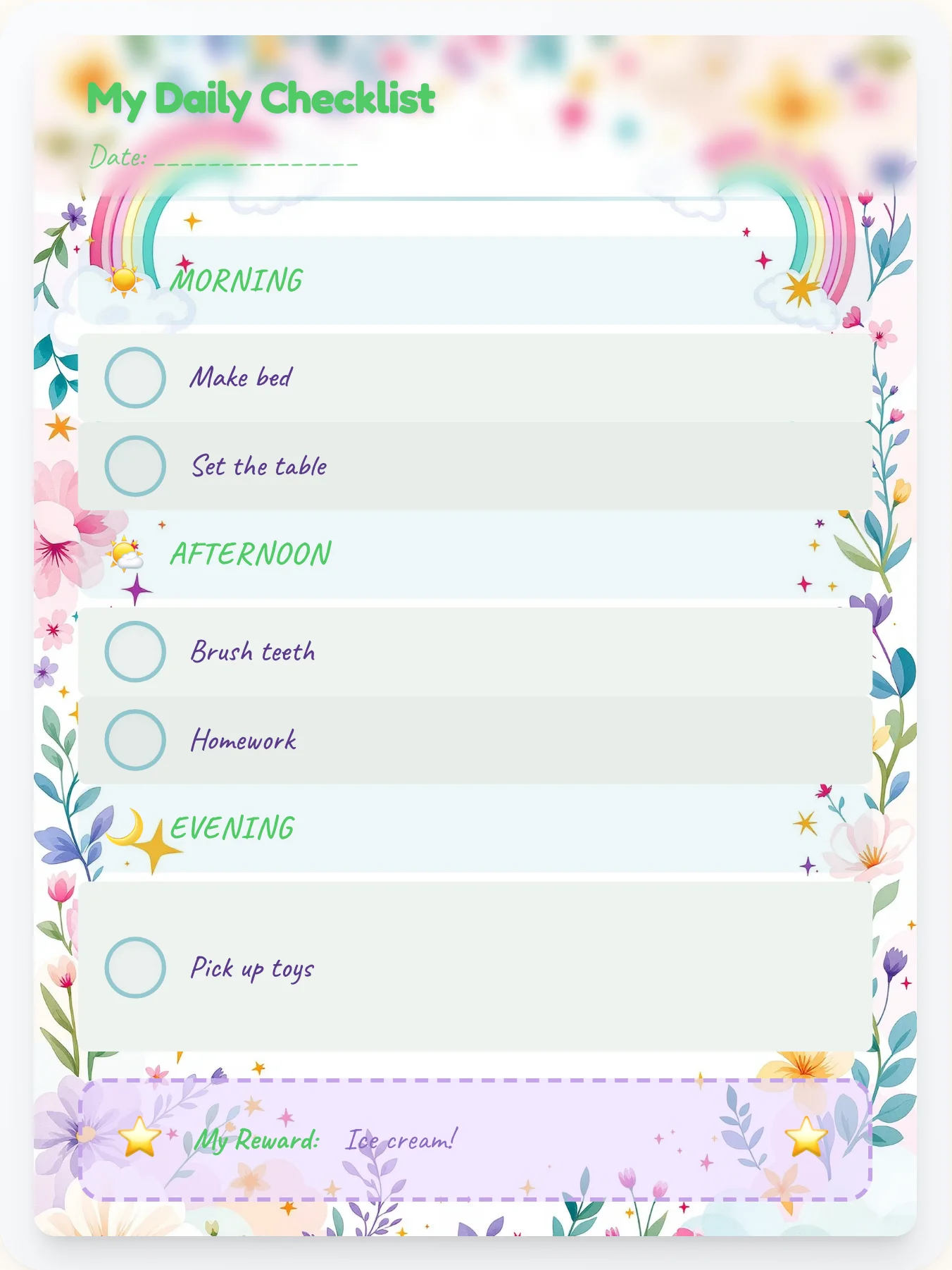 Warm Unicorn Checklist - printable unicorn chore chart