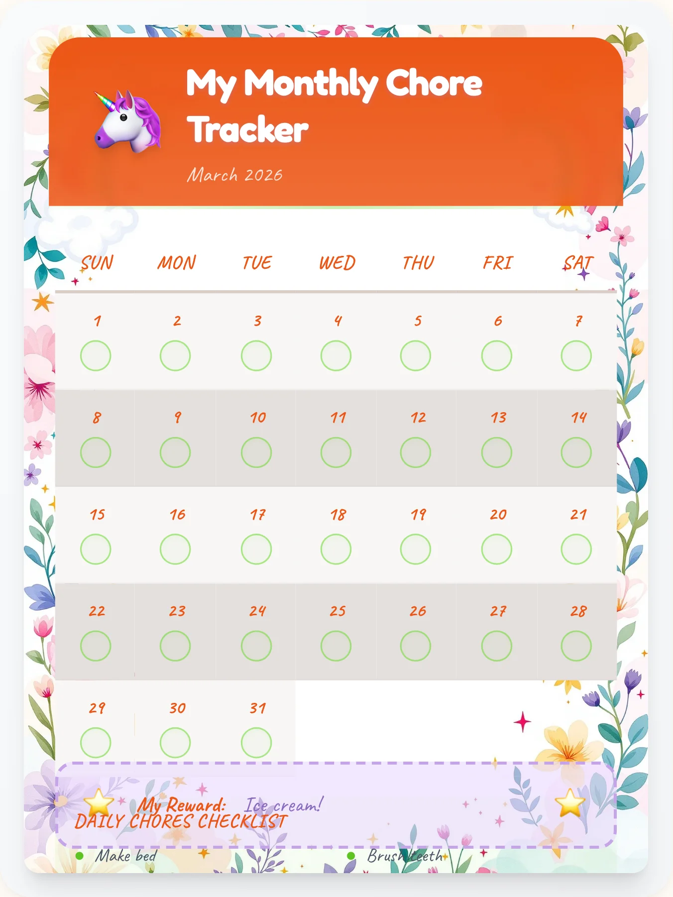 Hazy Unicorn Monthly Planner - printable unicorn chore chart