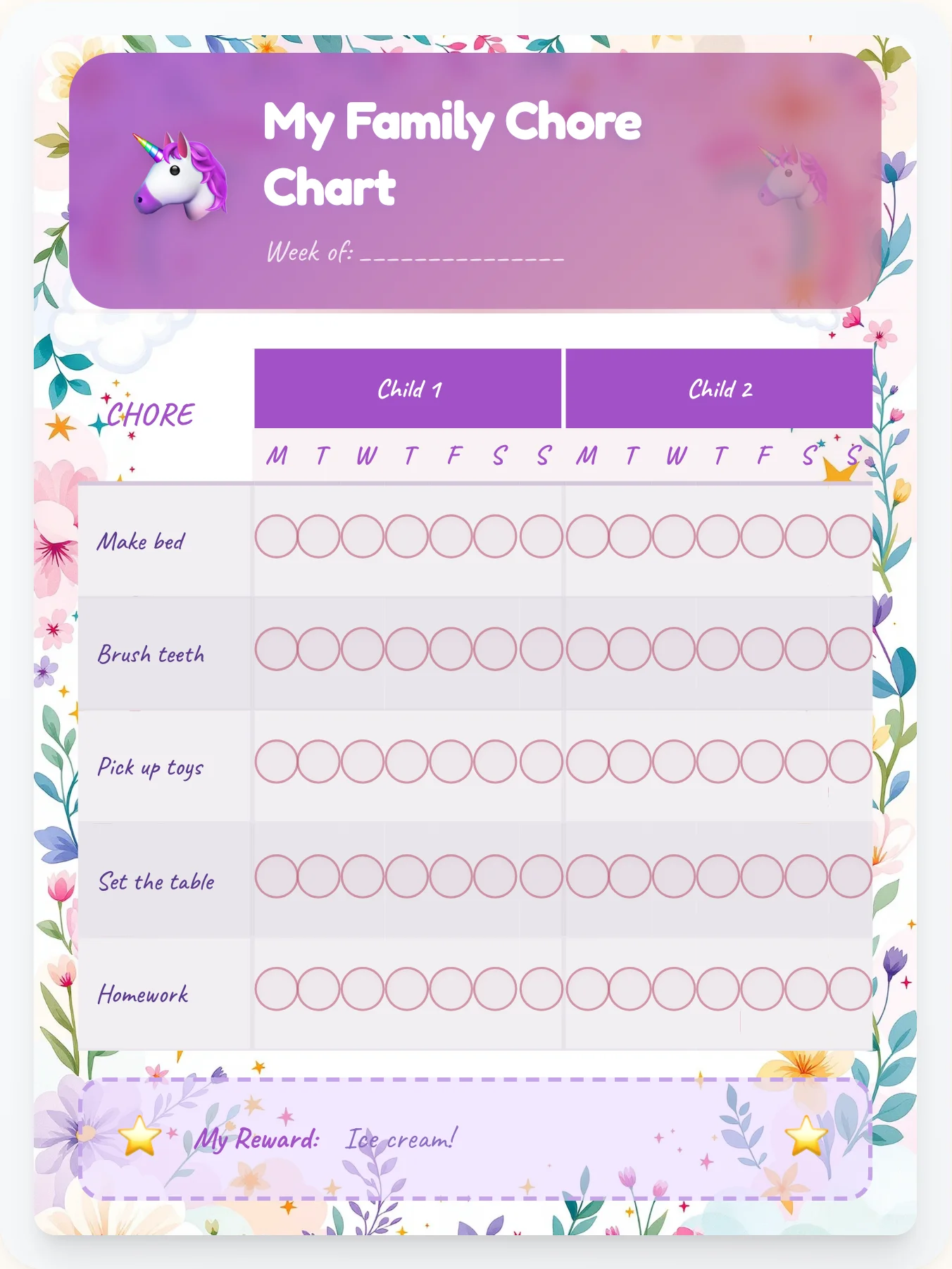 Urban Unicorn Family Chart - printable unicorn chore chart