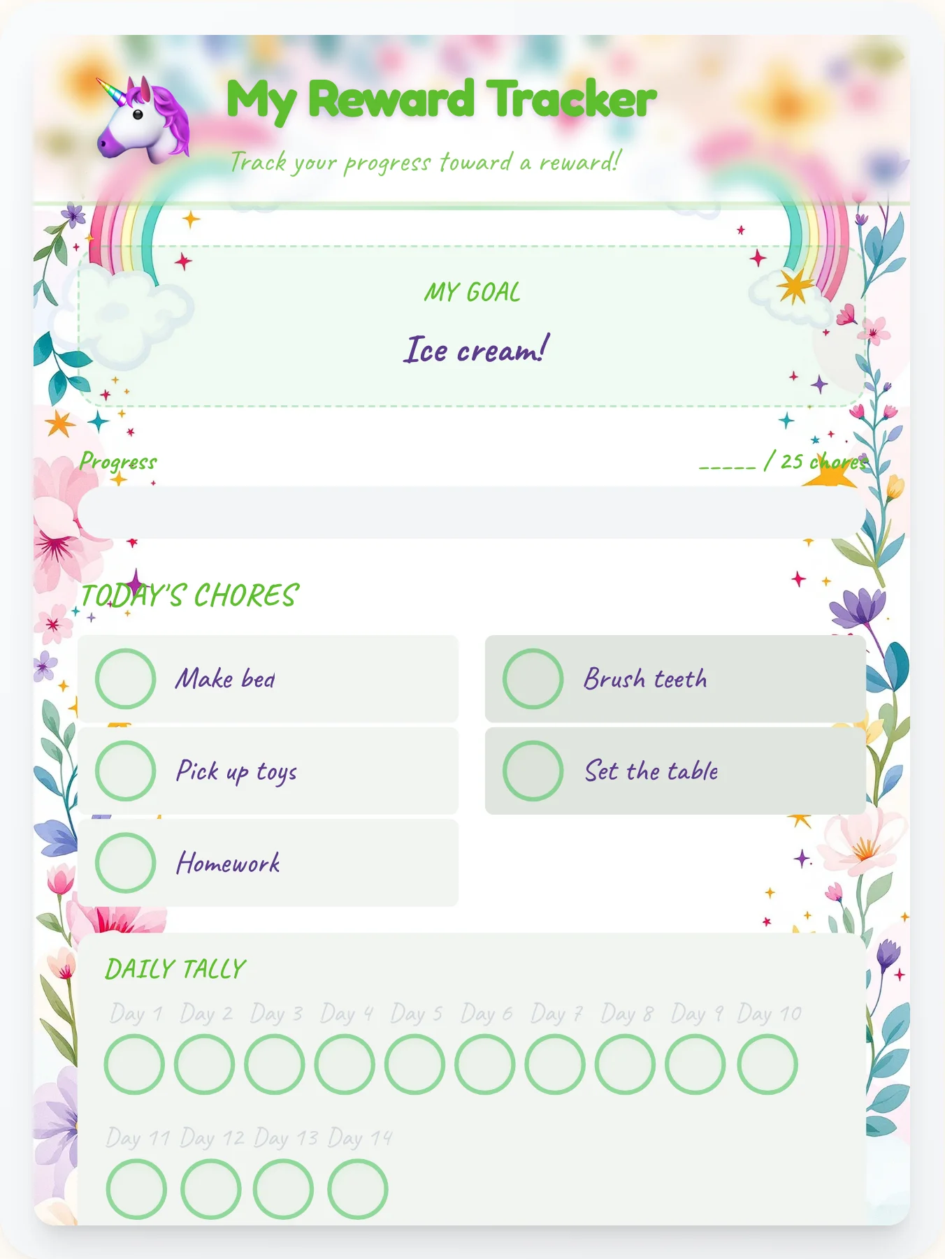 Radiant Unicorn Points Tracker - printable unicorn chore chart