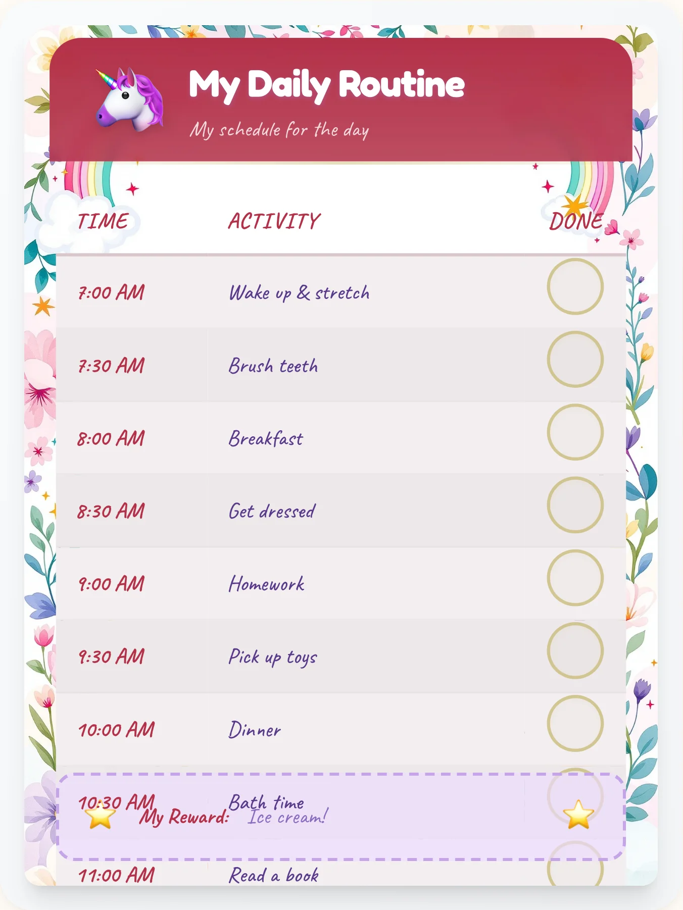 Frosty Unicorn Schedule Chart - printable unicorn chore chart