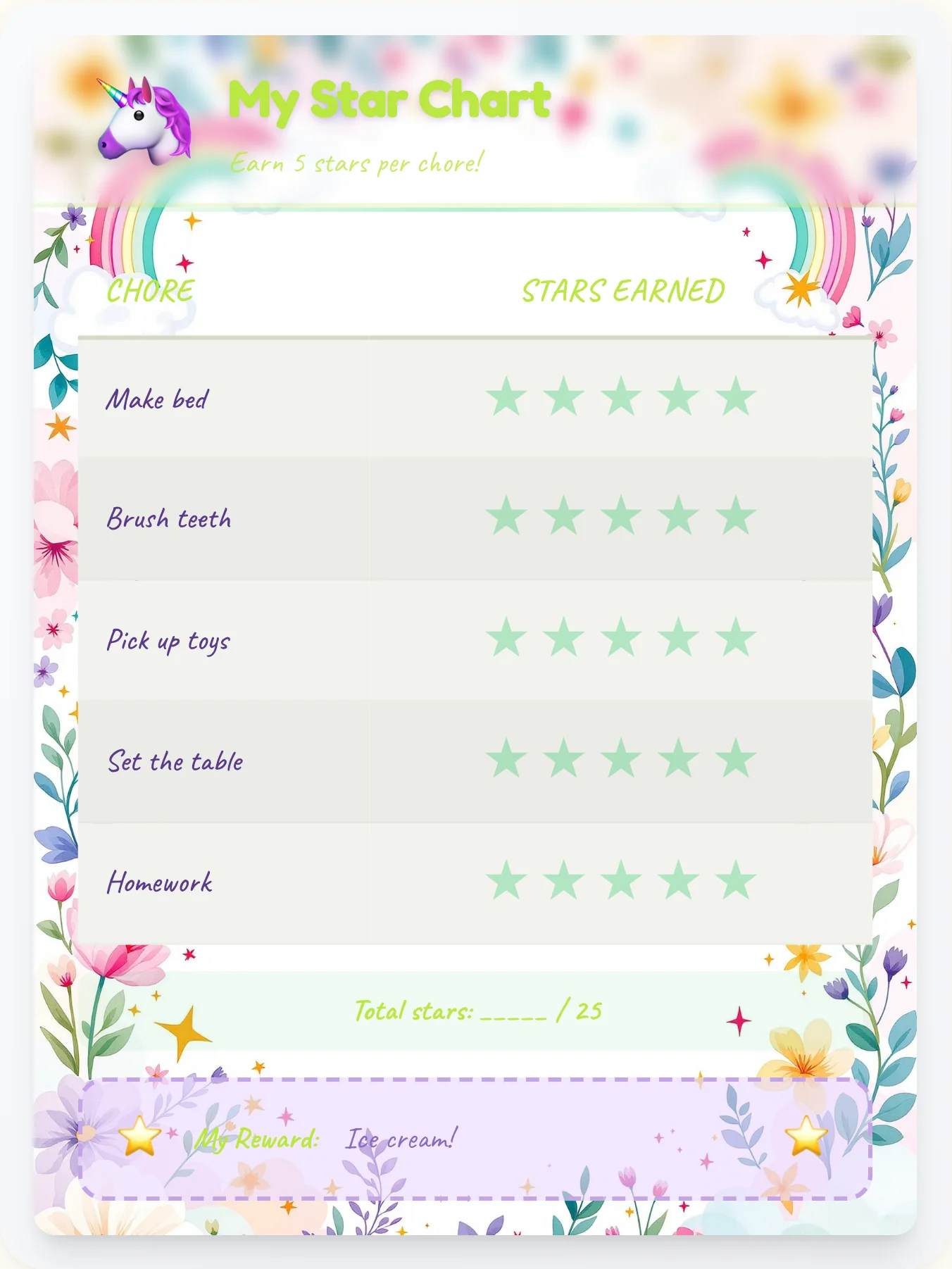 Noble Unicorn Star Tracker - printable unicorn chore chart