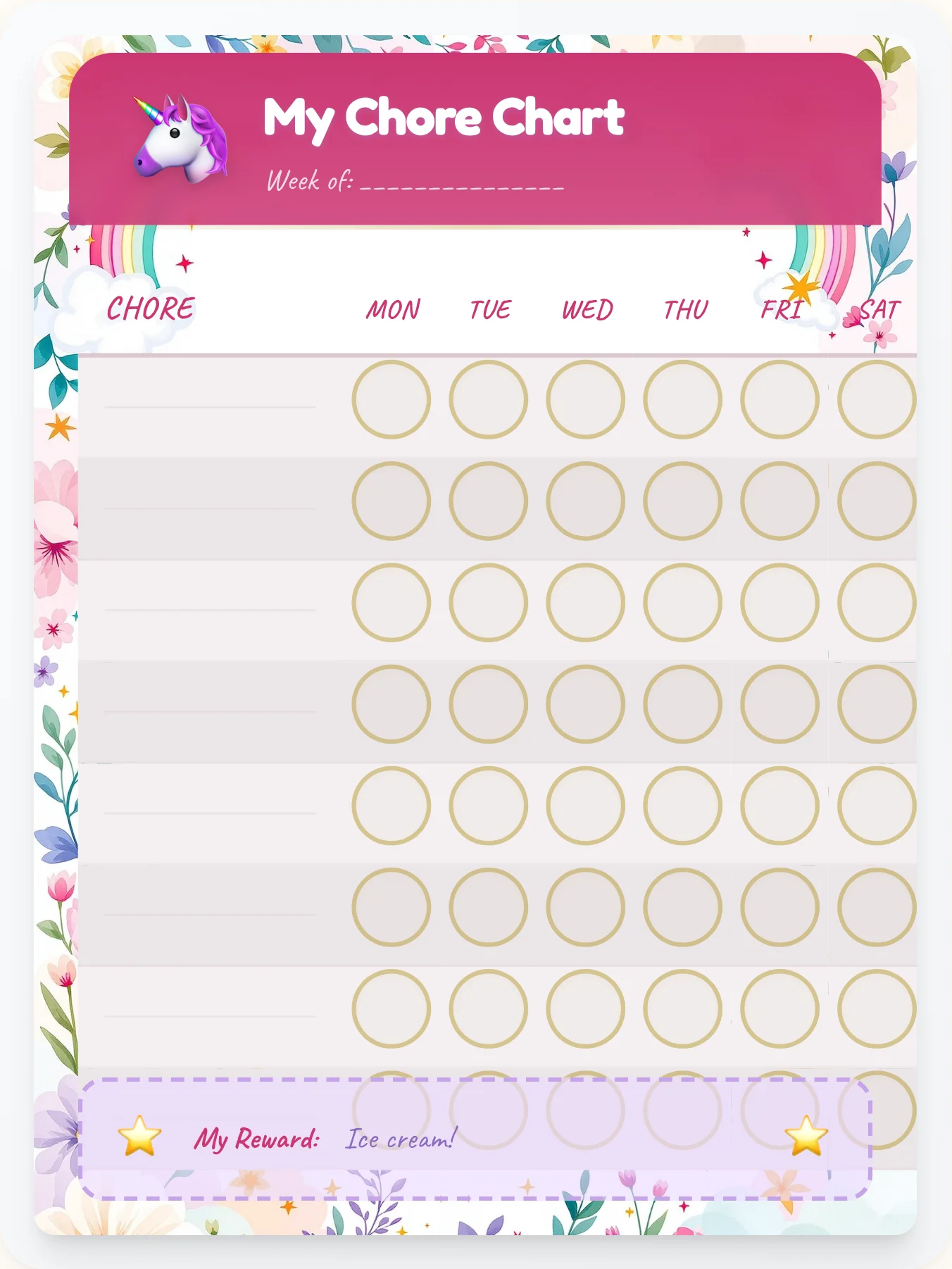 Electric Unicorn Custom Chart - printable unicorn chore chart