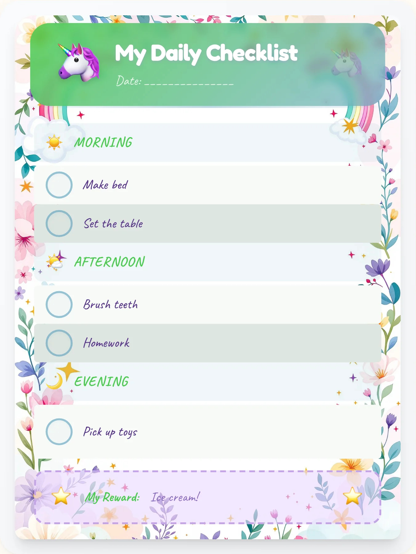 Vivid Unicorn Daily Planner - printable unicorn chore chart