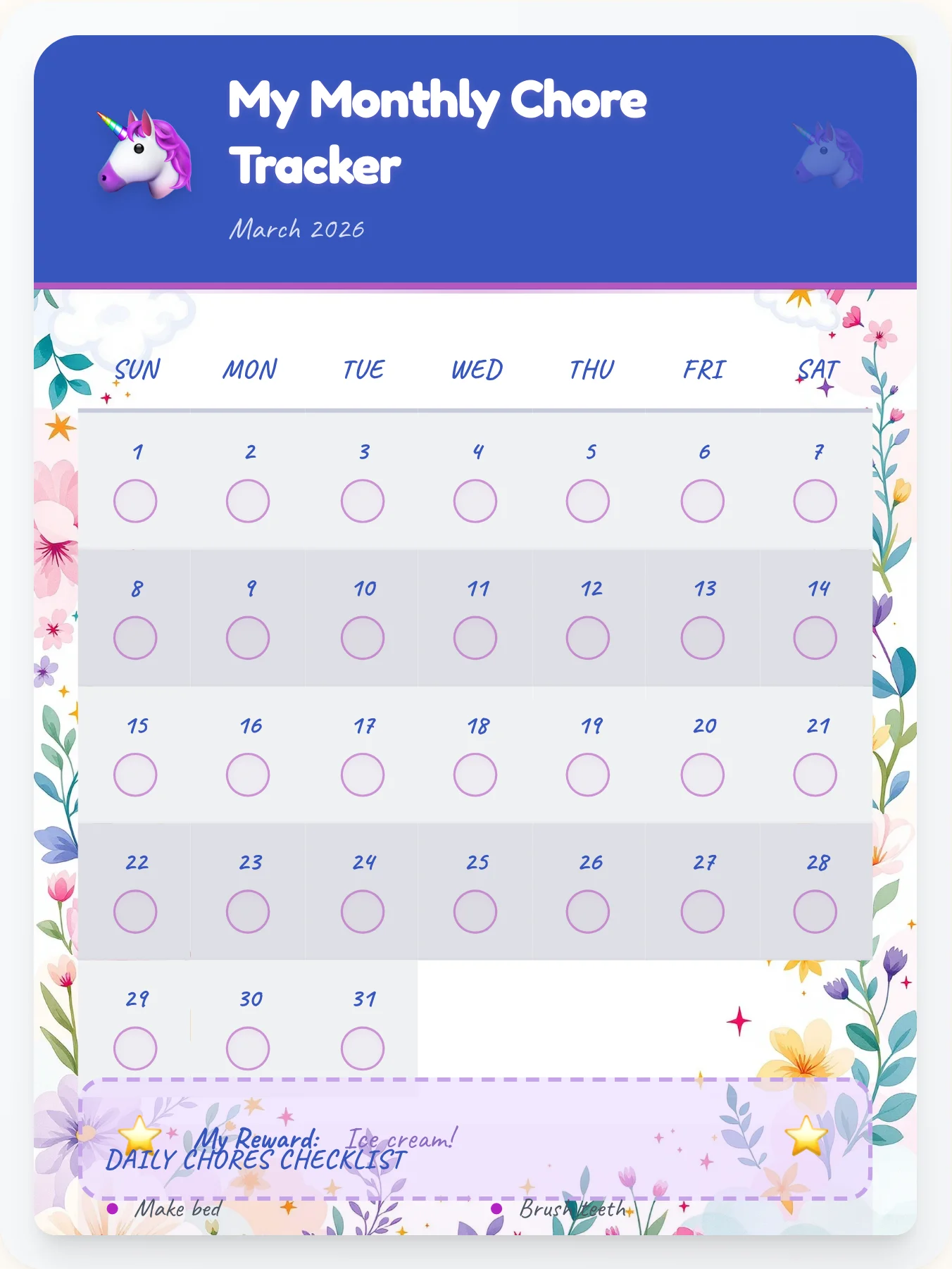 Mellow Unicorn Monthly Planner - printable unicorn chore chart