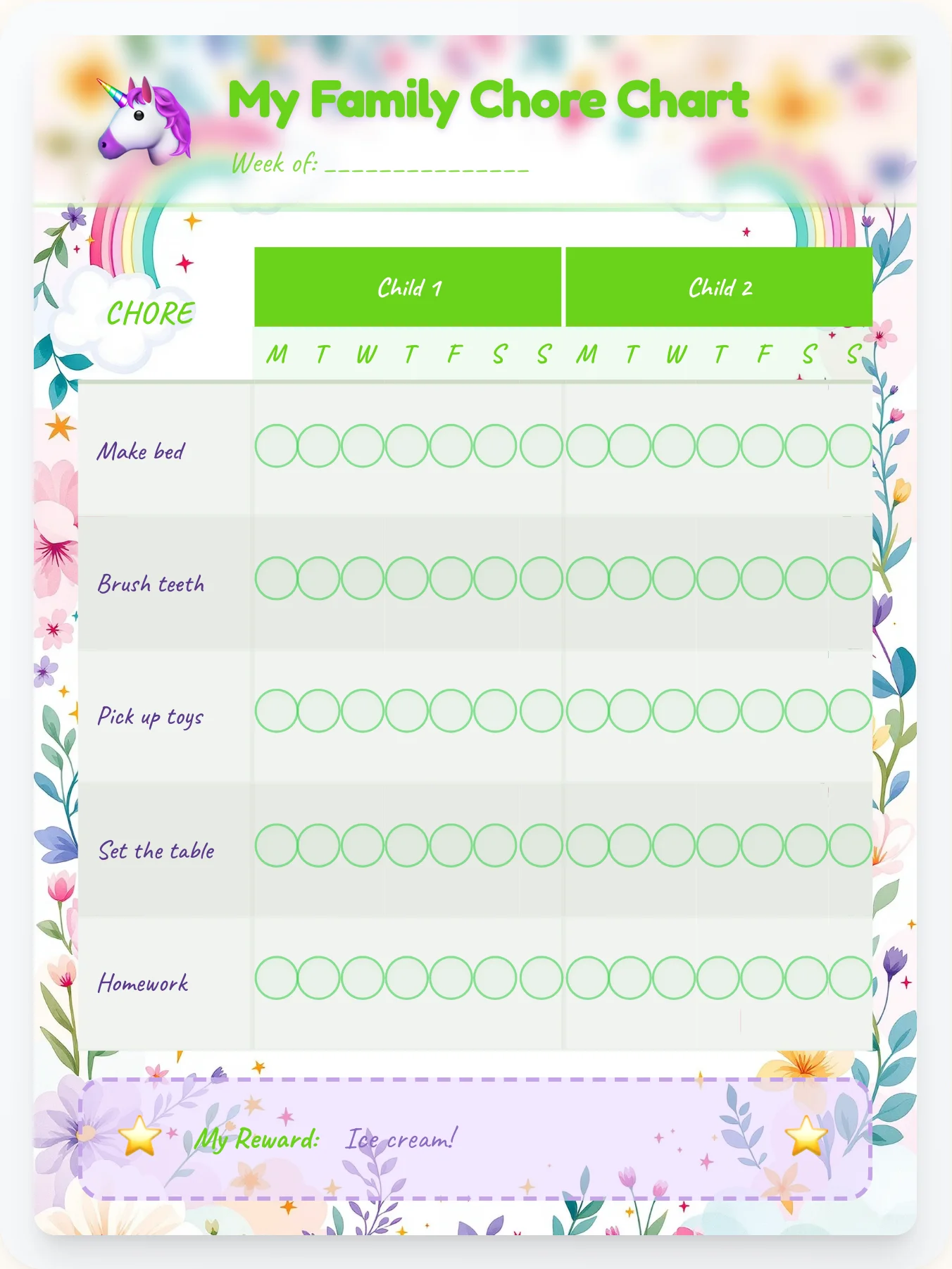 Quiet Unicorn Team Chart - printable unicorn chore chart