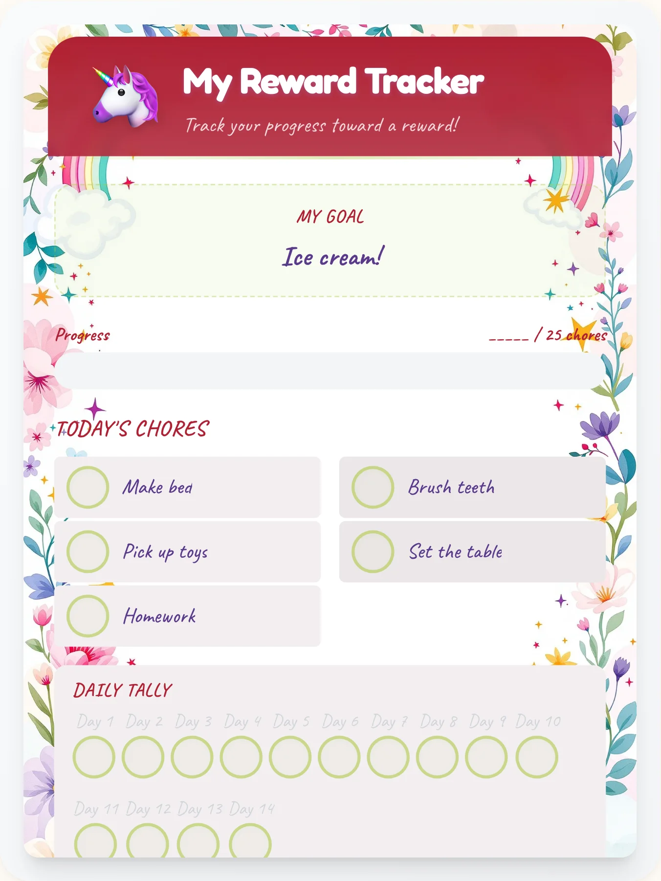 Glossy Unicorn Goal Chart - printable unicorn chore chart