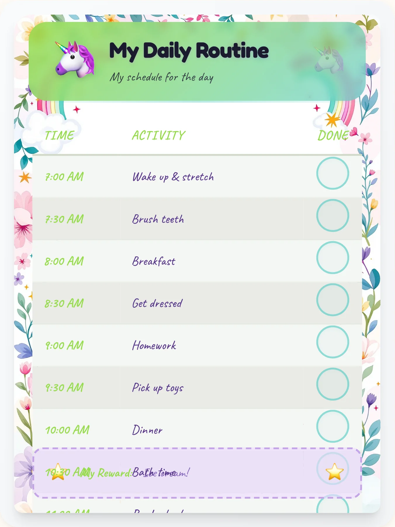 Quiet Unicorn Time Planner - printable unicorn chore chart