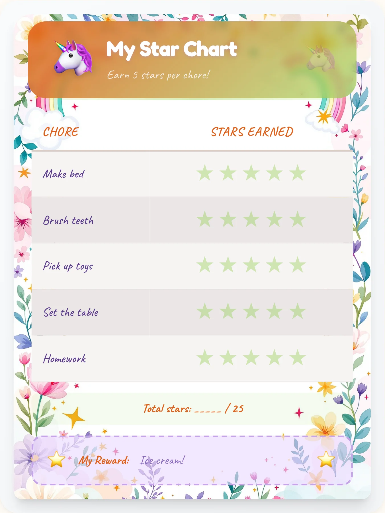 Dreamy Unicorn Gold Stars - printable unicorn chore chart